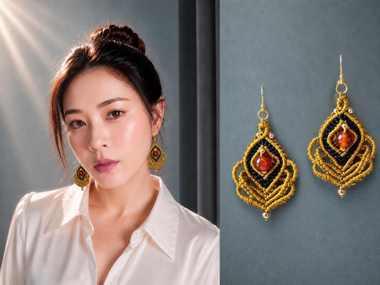 Handmade Macrame Dangle Earrings: Bohemian Gold Plated Hooks
