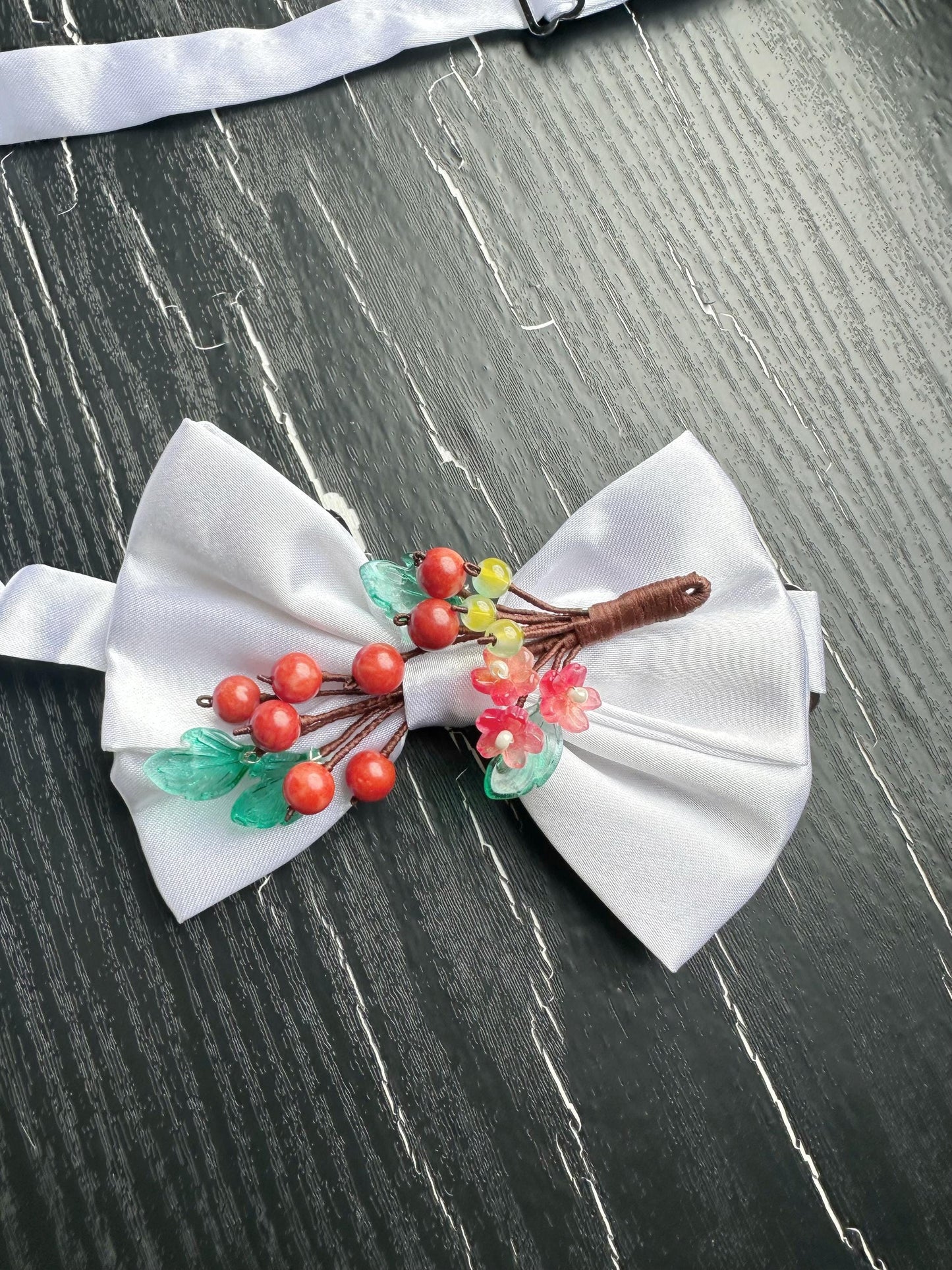 Handmade Bow Tie for women Men,Boys – White Satin Bow Tie with Red Coral beads made Cherry Branch – Asian Inspired Wedding Formal Accessory