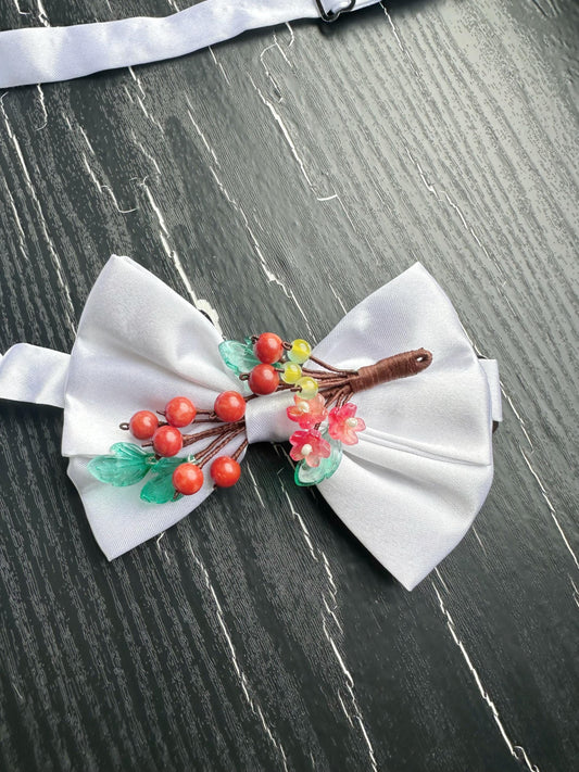 Handmade Bow Tie for women Men,Boys – White Satin Bow Tie with Red Coral beads made Cherry Branch – Asian Inspired Wedding Formal Accessory