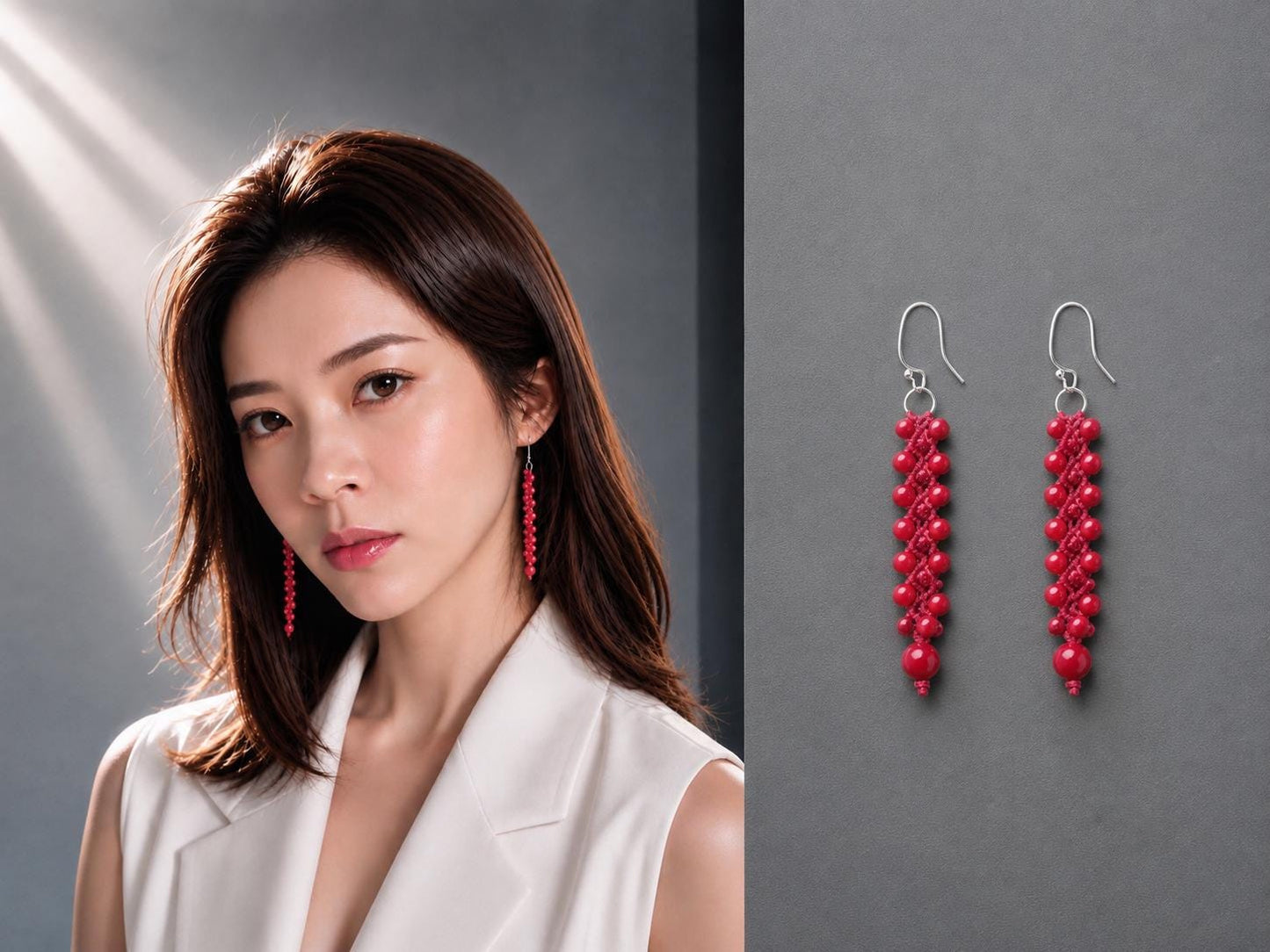 Red Coral Macrame Earrings, 925 Sterling Silver Hooks