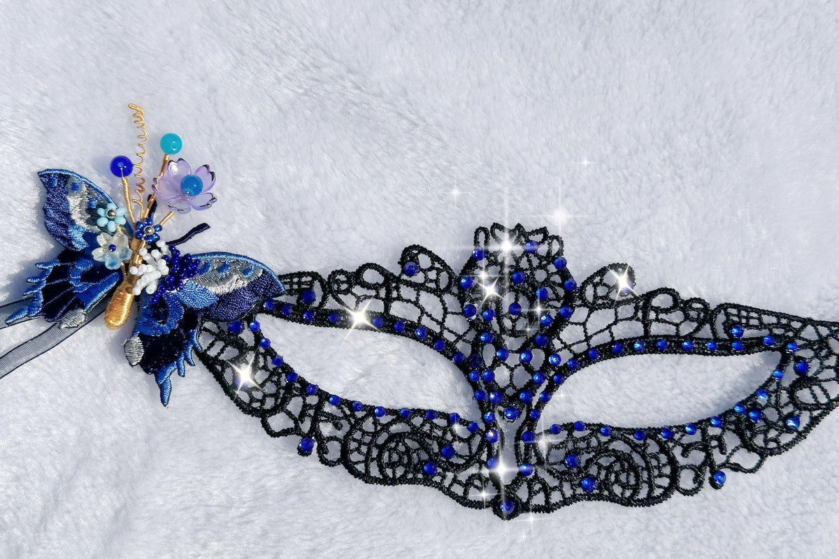 Navy Blue Butterfly Lace Masquerade Mask, Handmade Venetian Eye Mask with Rhinestones, Fairy Costume Mask for Halloween, Prom & Ball