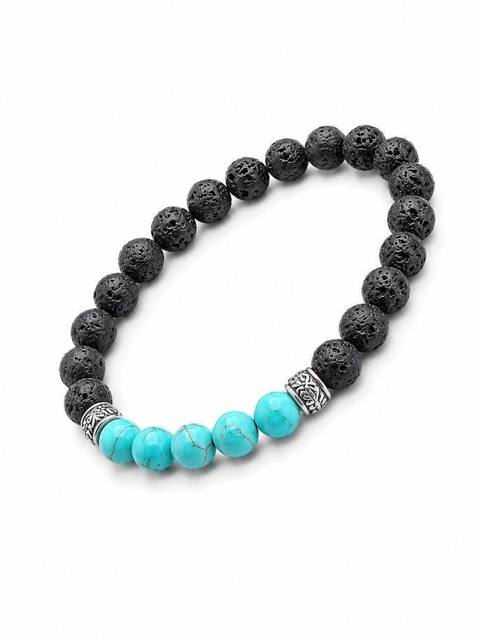 Lava Stone Beaded Bracelet with Turquoise ,Black Volcanic Stone Stretch Bracelet - Gemstone Bracelet for HIM AND HER.