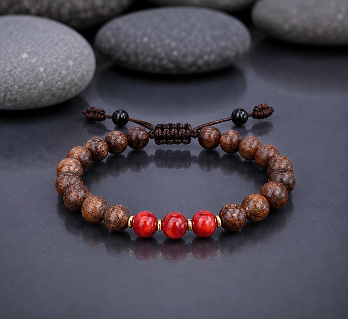 Bracelet for HIM AND HER, Made it with 8mm Sandalwoods and 8mm Red Coral, Adjustable knotted cord