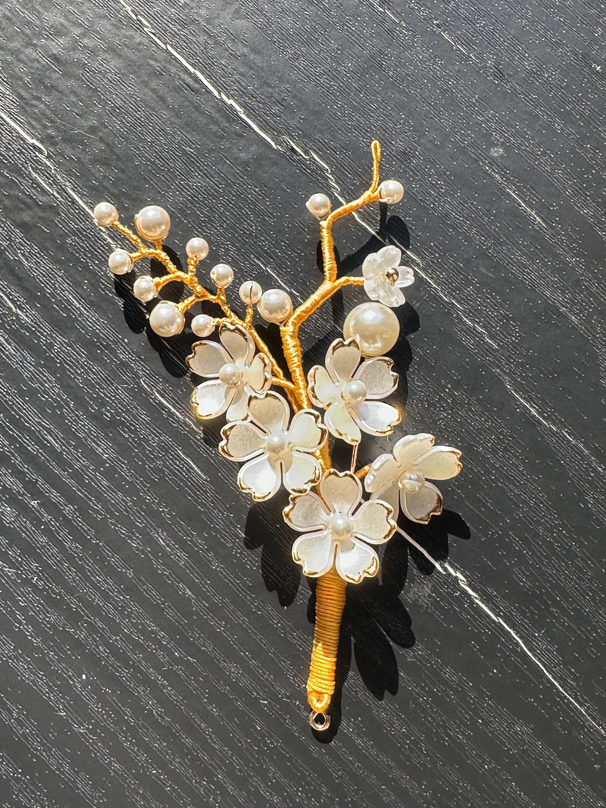 Handmade  brooch,  white color acrylic beads and Swarovski pearls with gold color silk thread