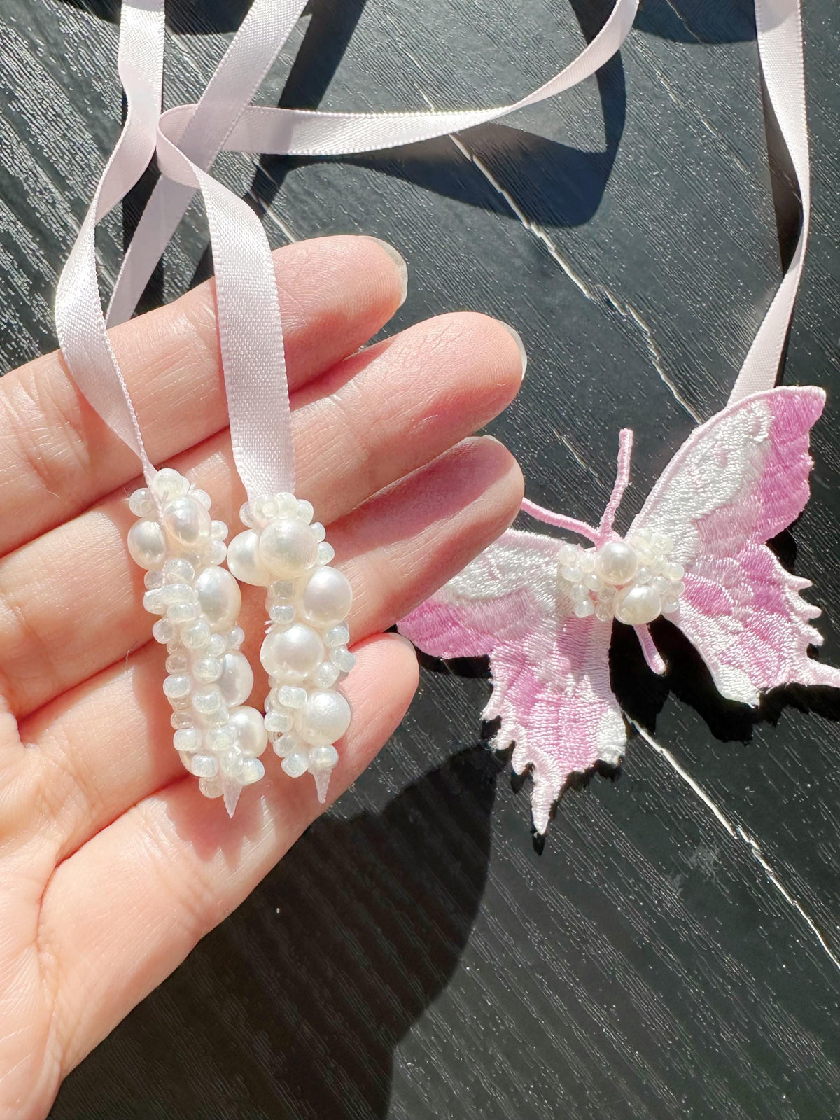 Handmade Choker featuring delicate hand-stitched embroidery of pink color butterfly, adorned with freshwater pearls and glass seed beads