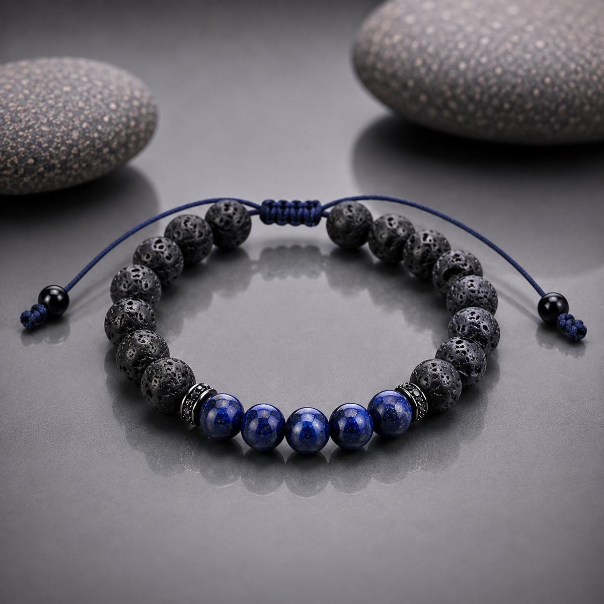 Gemstone Bracelet for HIM OR HER. Made it with Black Lava Stone,Lapis Lazuli, Adjustable Knotted Cord