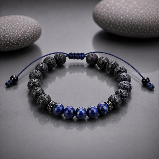 Gemstone Bracelet for HIM OR HER. 8mm Black lava stone beads with 8mm lápiz lazuli beads/ Zircon Rhinestone/ Adjustable knotted closure.