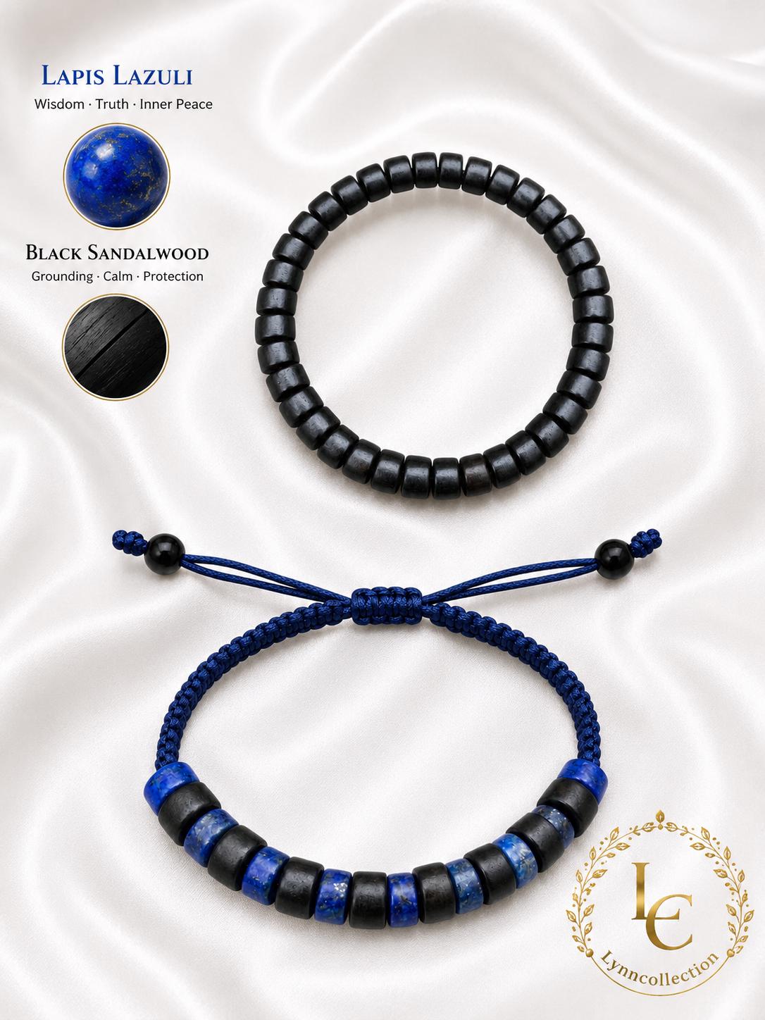 Bracelet for Him and Her,Lapis Lazuli annd sandalwood, Adjustable knot, two pieces bracelet
