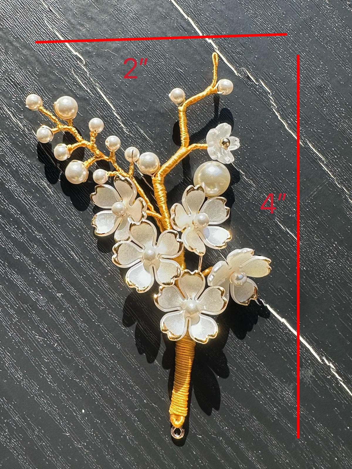 Handmade  brooch,  white color acrylic beads and Swarovski pearls with gold color silk thread