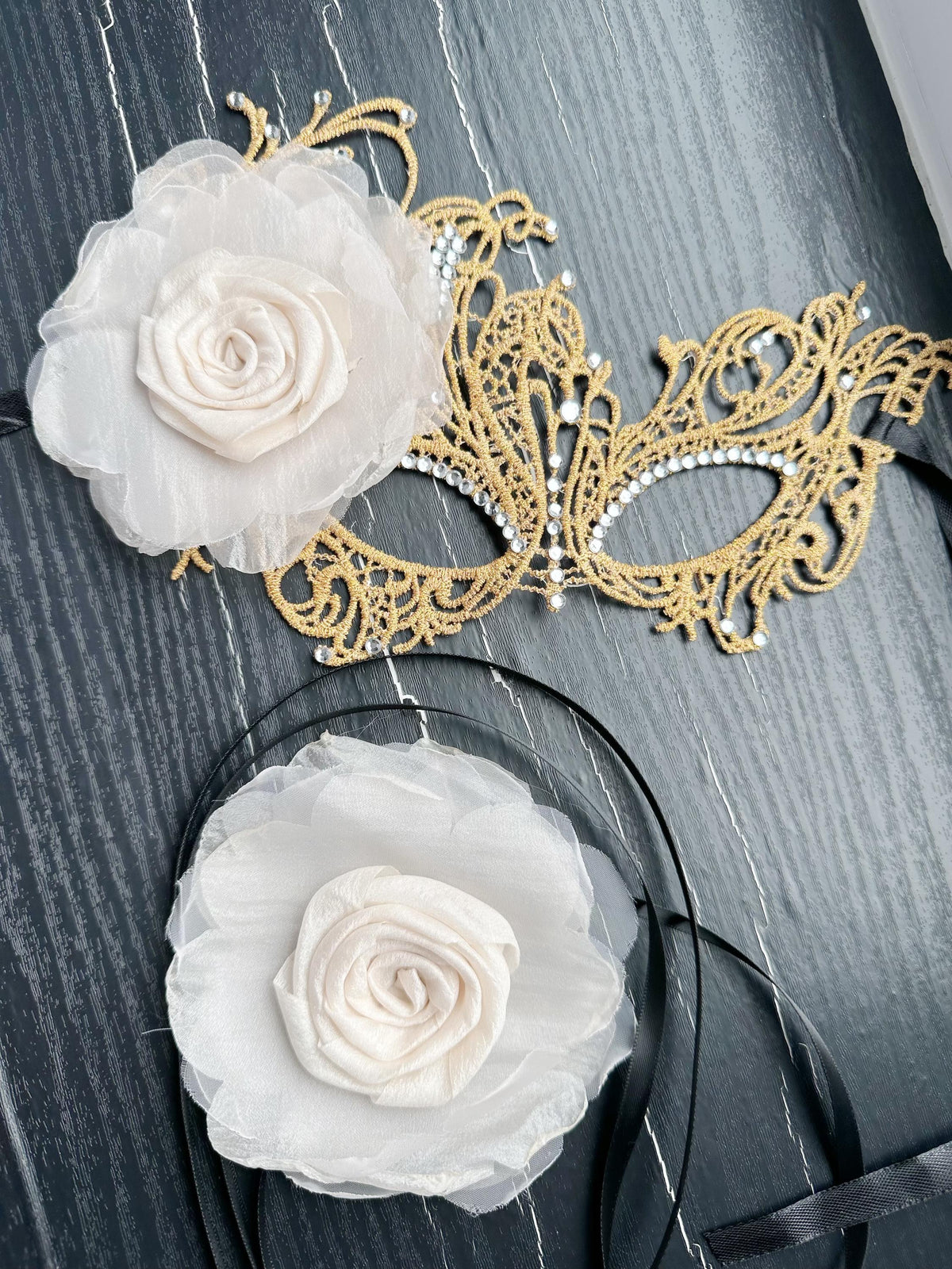 Gold color Masquerade Mask with ivory color fabric flower, and silk flower choker, Halloween mask ( price includes mask and choker