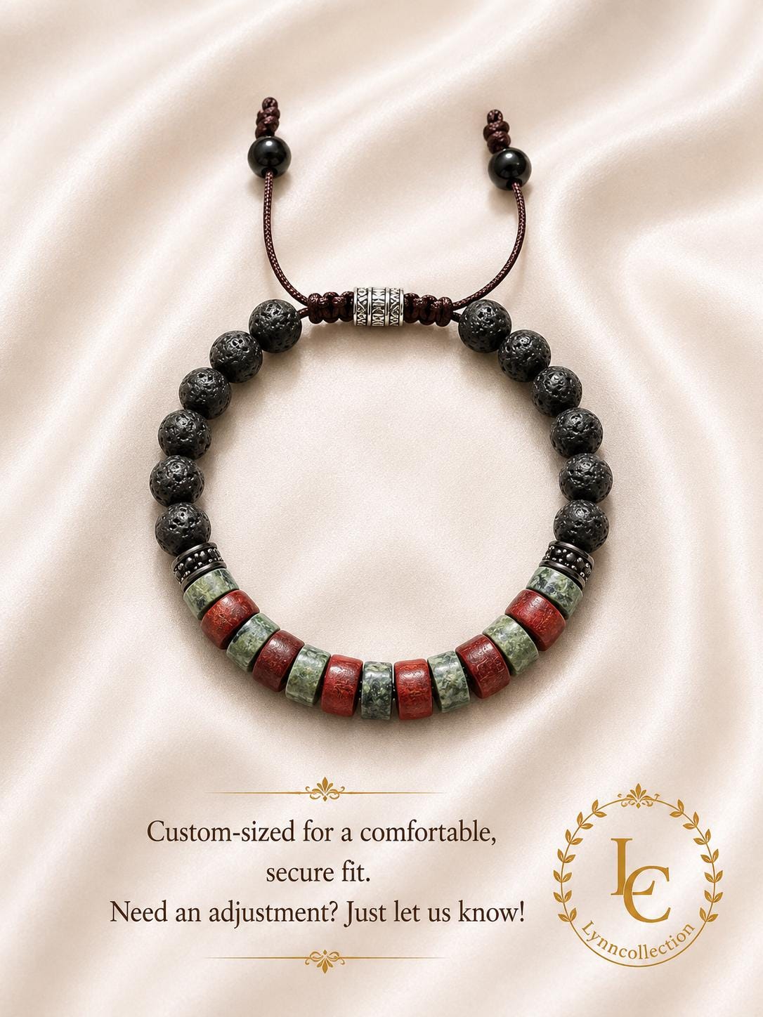Beaded Bracelet for Him and Her – Kambaba Jasper, Sandalwood, Lava Stones, Adjustable