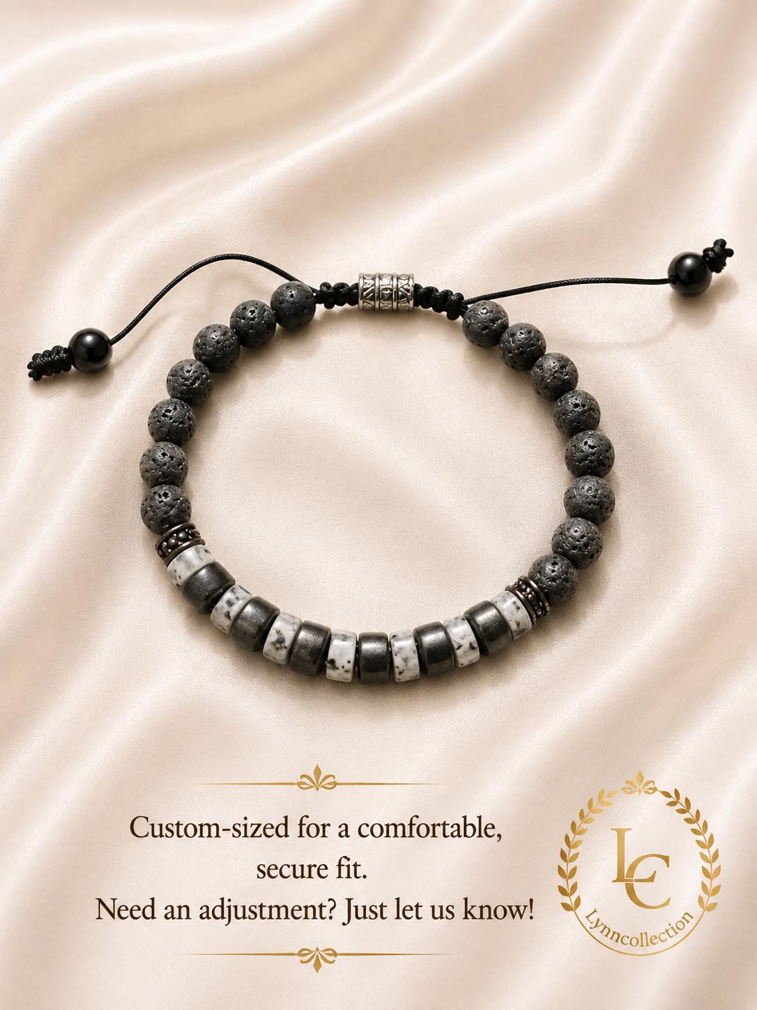 Lava Stone Beaded Bracelet for Men and Women – Black Larvikite,  Lava Stone, Natural Ebony Wood, Beads Size: 6mm, Adjustable Length