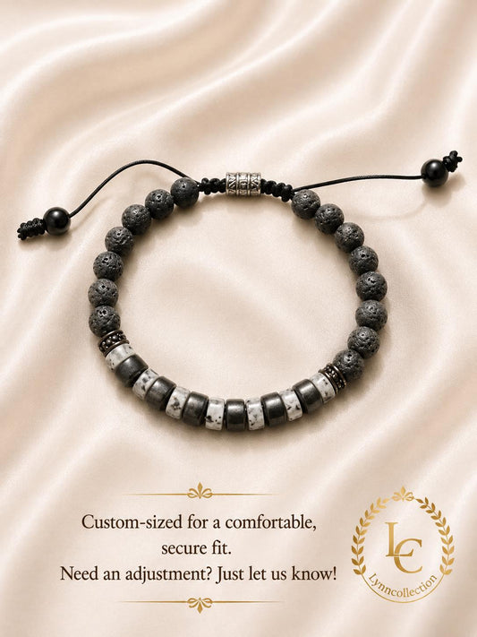 Lava Stone Beaded Bracelet for Men and Women – 3x6mm Black Larvikite,  6mm Lava Stone,3x7mmEbony Wood, Adjustable Knotted Cord
