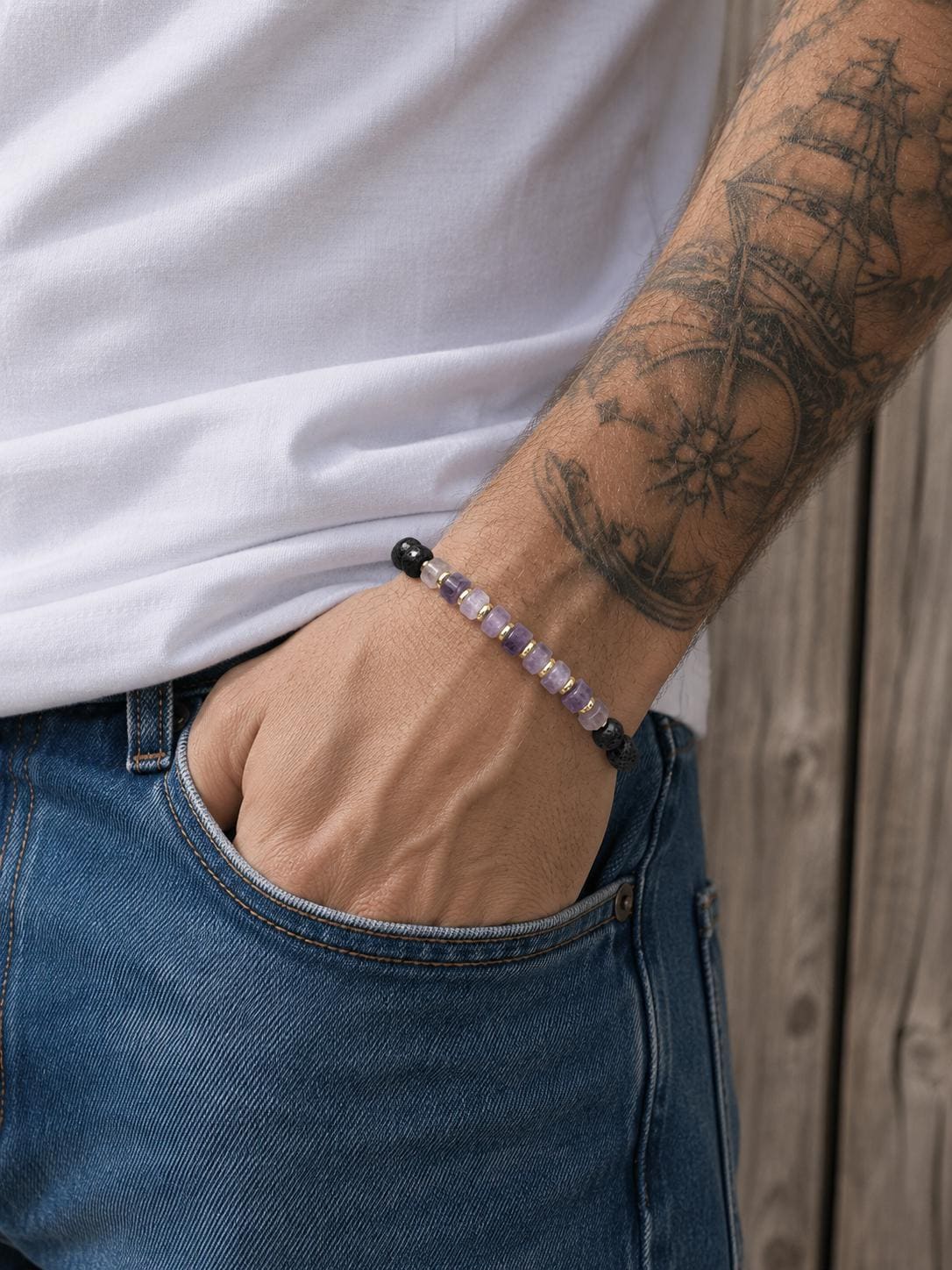 Lava Stone Beaded Bracelet for Men OR Women – Lavender Amethyst, Lava Stone , 14k gold plated space   -Adjustable