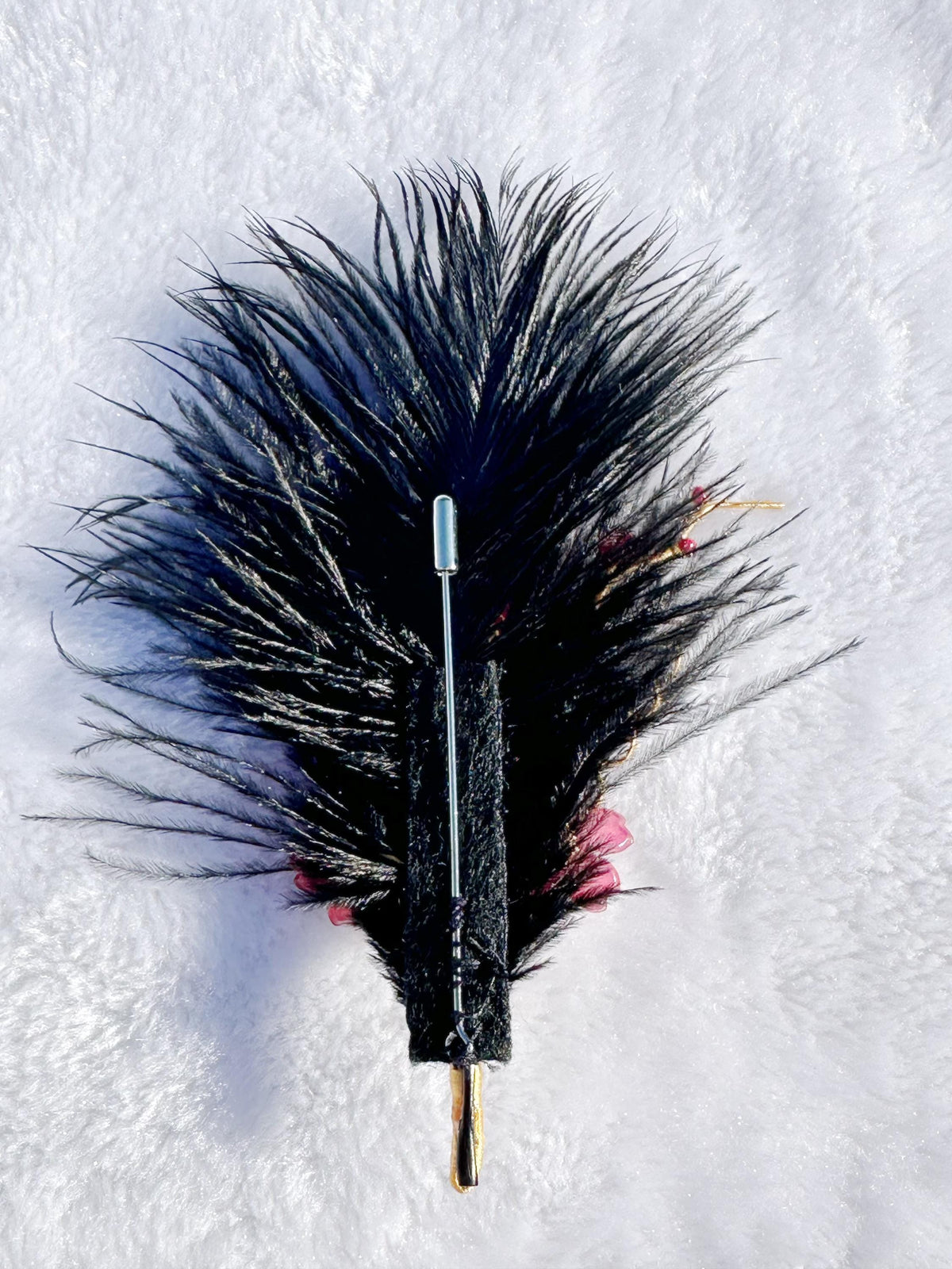 Handmade  brooch, red color cherry blossom flowers and Ostrich feather brooch, size 6”x3”