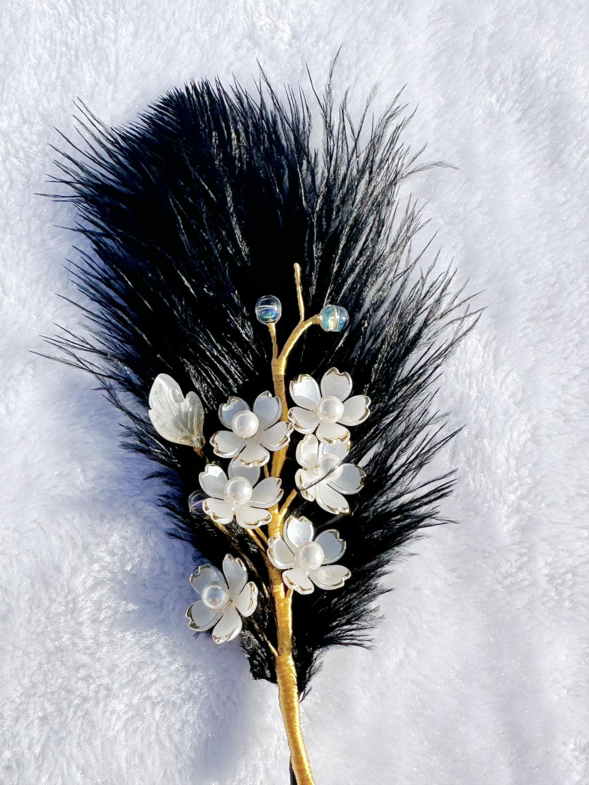 Handmade brooch, white color cherry blossom flowers and Ostrich feather brooch, size 7”x3”