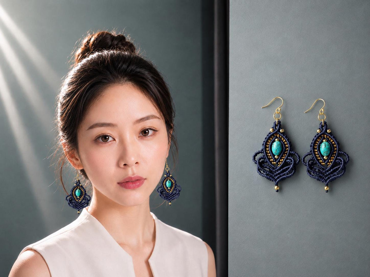 Navy Macrame Earrings: Turquoise Stone, Gold Plated Hooks
