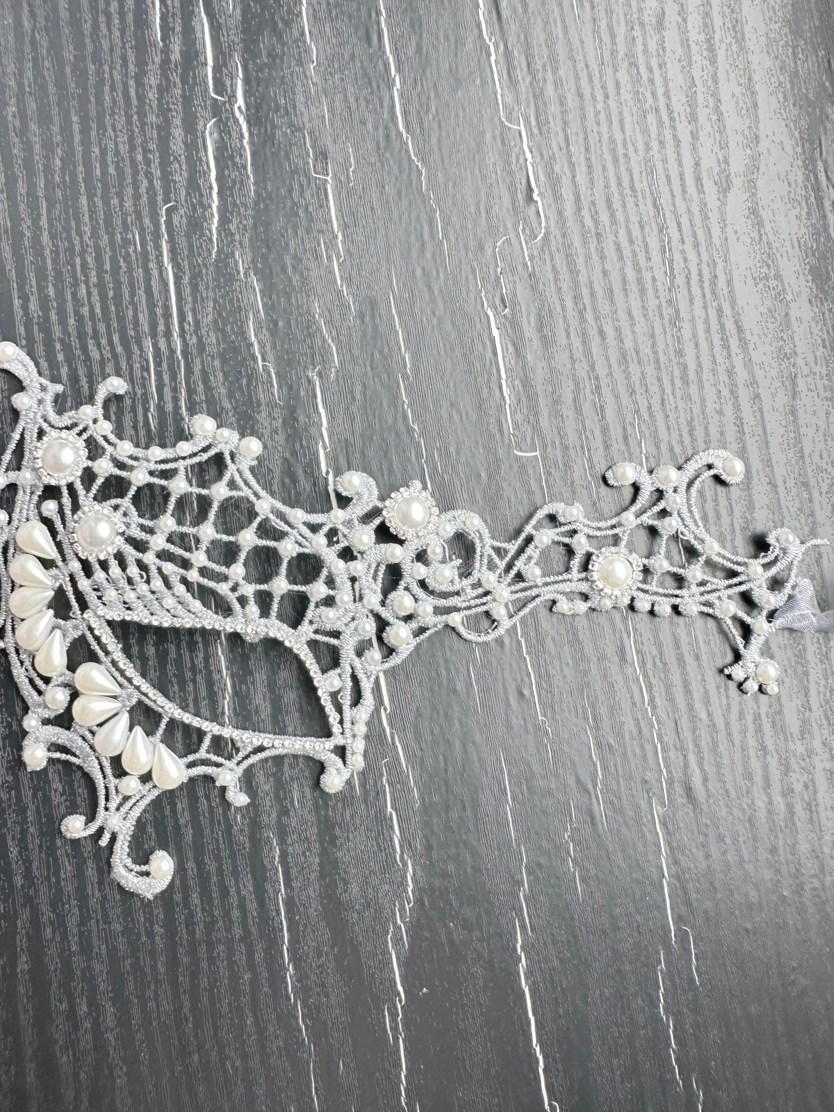 Gray Lace Masquerade Mask, Rhinestones & Pearls