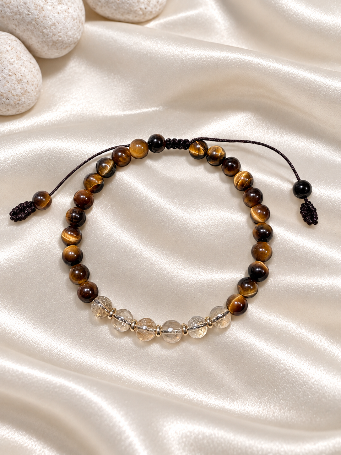 Handmade Bracelet for HIM OR HER. With  6mm yellow tiger’s eye, 6mm citrine crystal, 14K Gold Plated Spacer Beads, Adjustable knotted cord