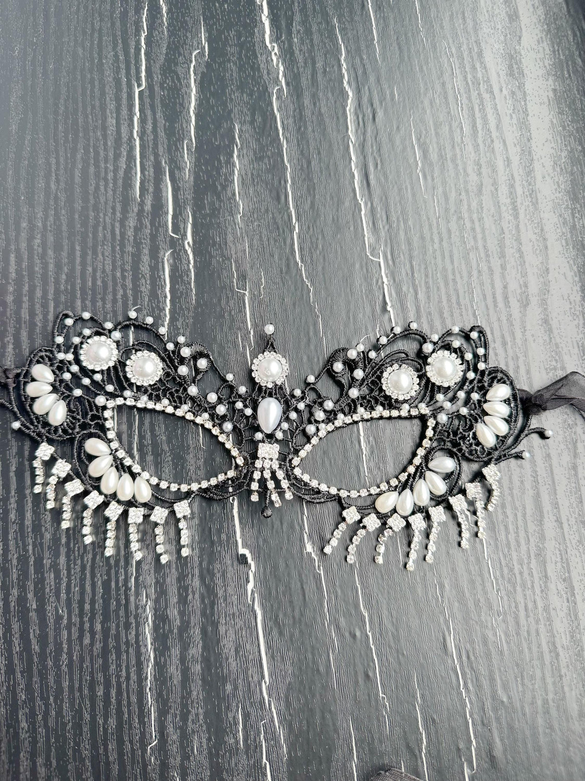 Lace Masquerade Mask, Embroidered Party Mask with white Resin beads and rhinestone, party mask