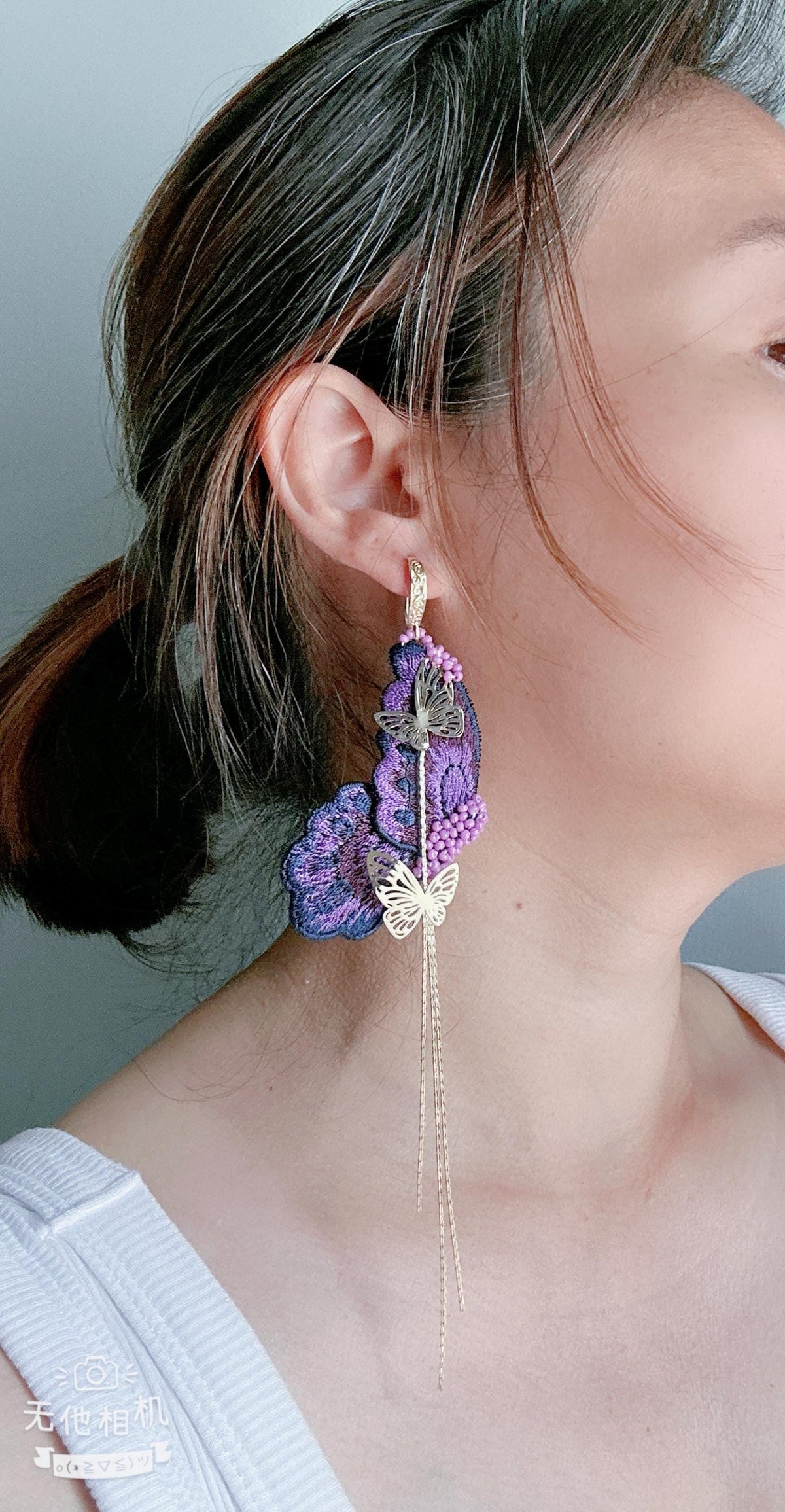 Embroidery Butterfly Dangle Earrings: Gold Plated Hooks, Purple