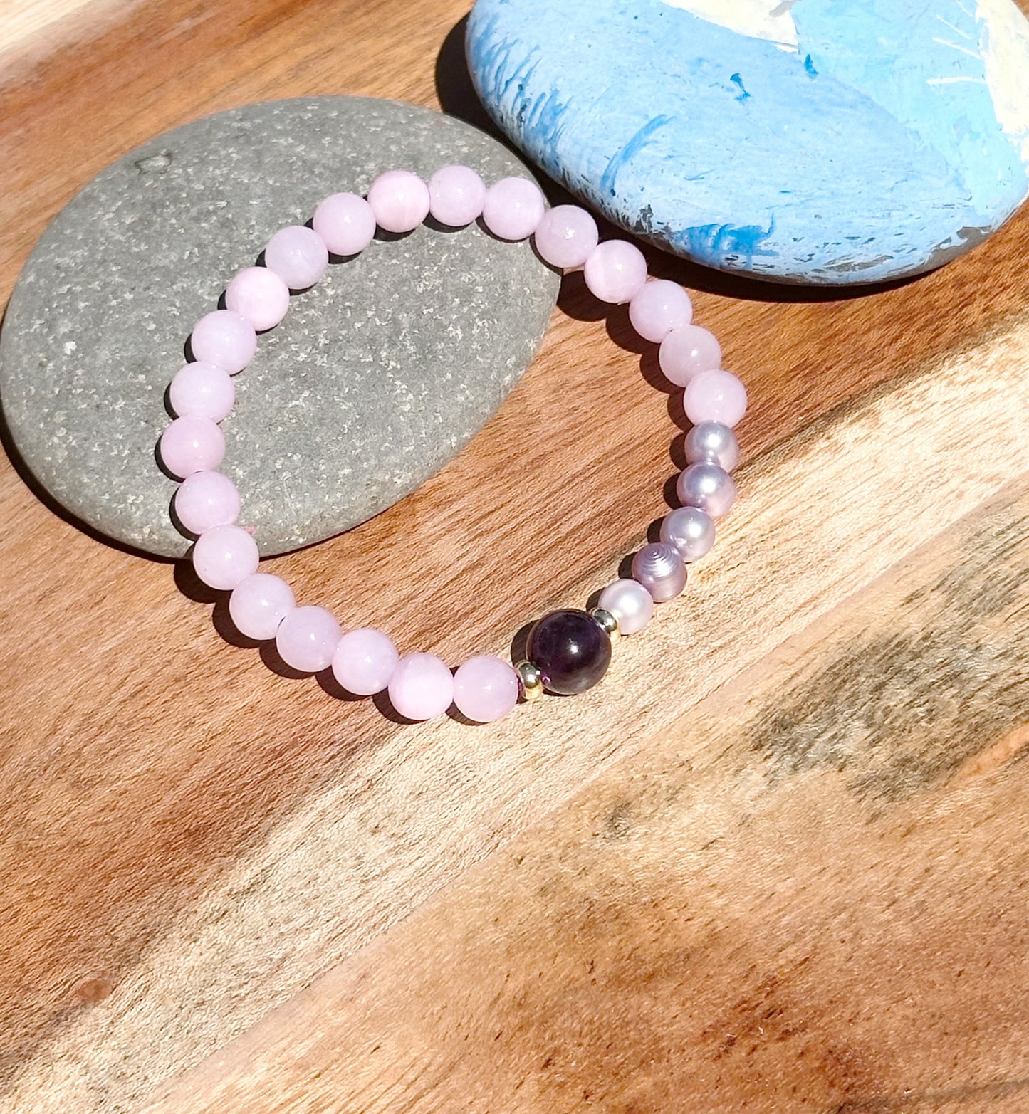 Natural Stone Beads 6mm Natural Kunzite with purple freshwater pearls with Elastic stretches for a secure, easy fit Handmade Bracelet, Women bracelet