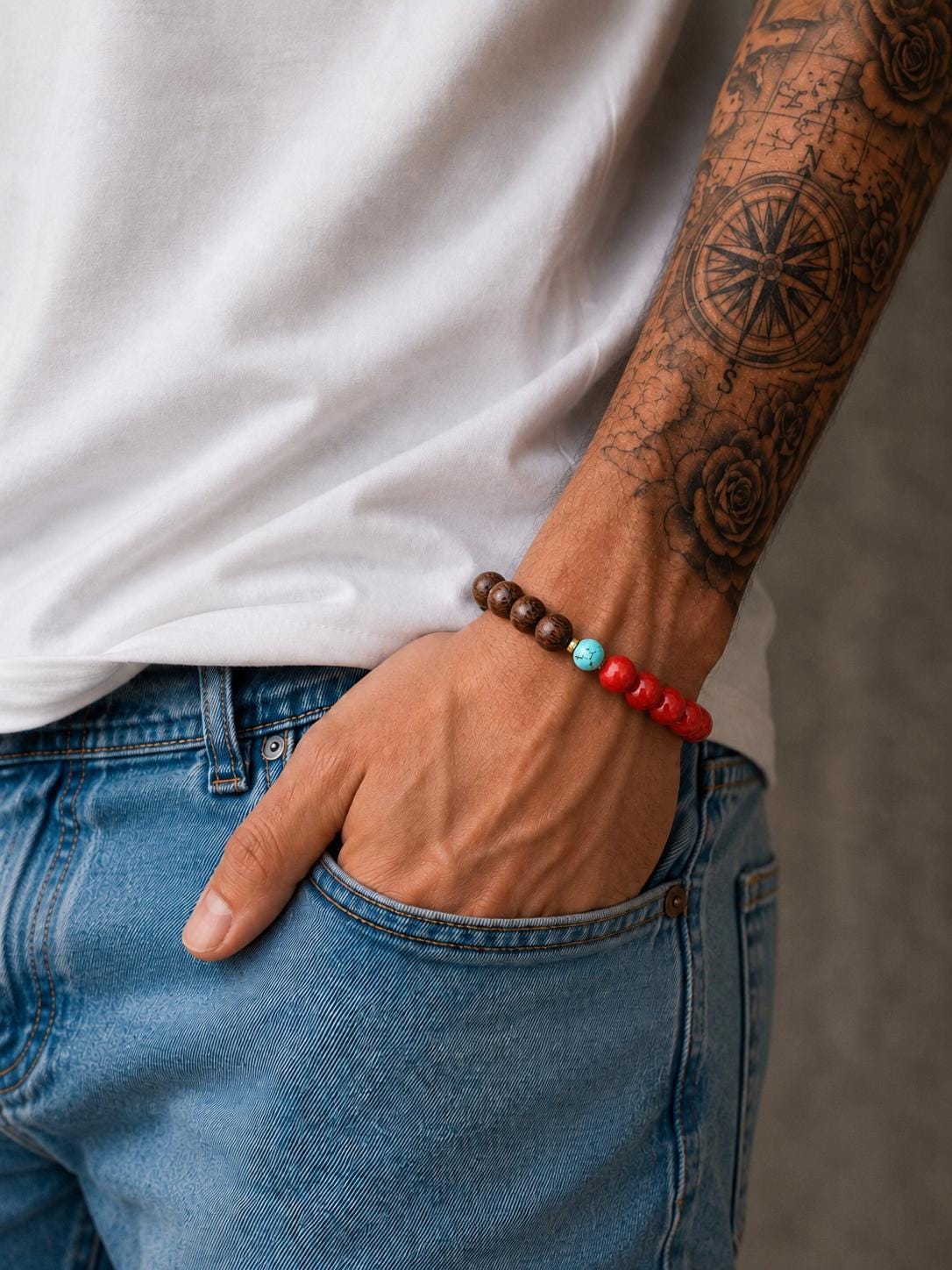 Beaded Bracelet for Him & Her, 8mm sandalwood, 8mm red coral, 6mm turquoise, Adjustable Knotted cord