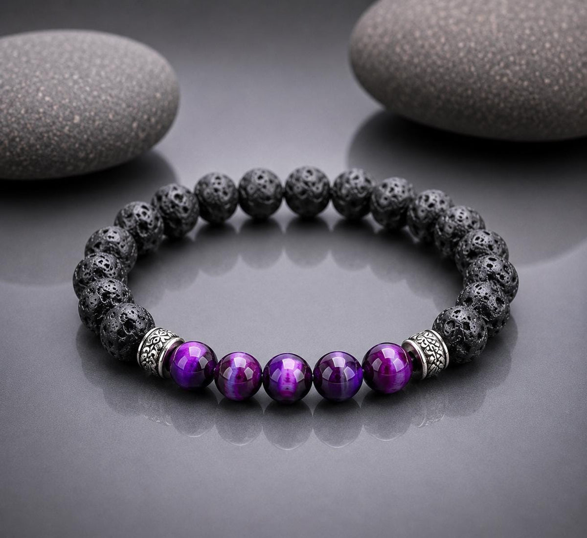 Gemstone Bracelet for HIM OR HER. Black Lava Stone & Purple Tiger Eye Bracelet , Elastic Stretch Cord Gemstone Bracelet