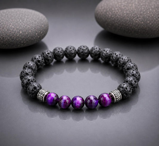 Gemstone Bracelet for HIM OR HER. 8mm Black Lava Stone & 8mm Purple Tiger Eye Bracelet , Elastic Stretch Cord Gemstone Bracelet