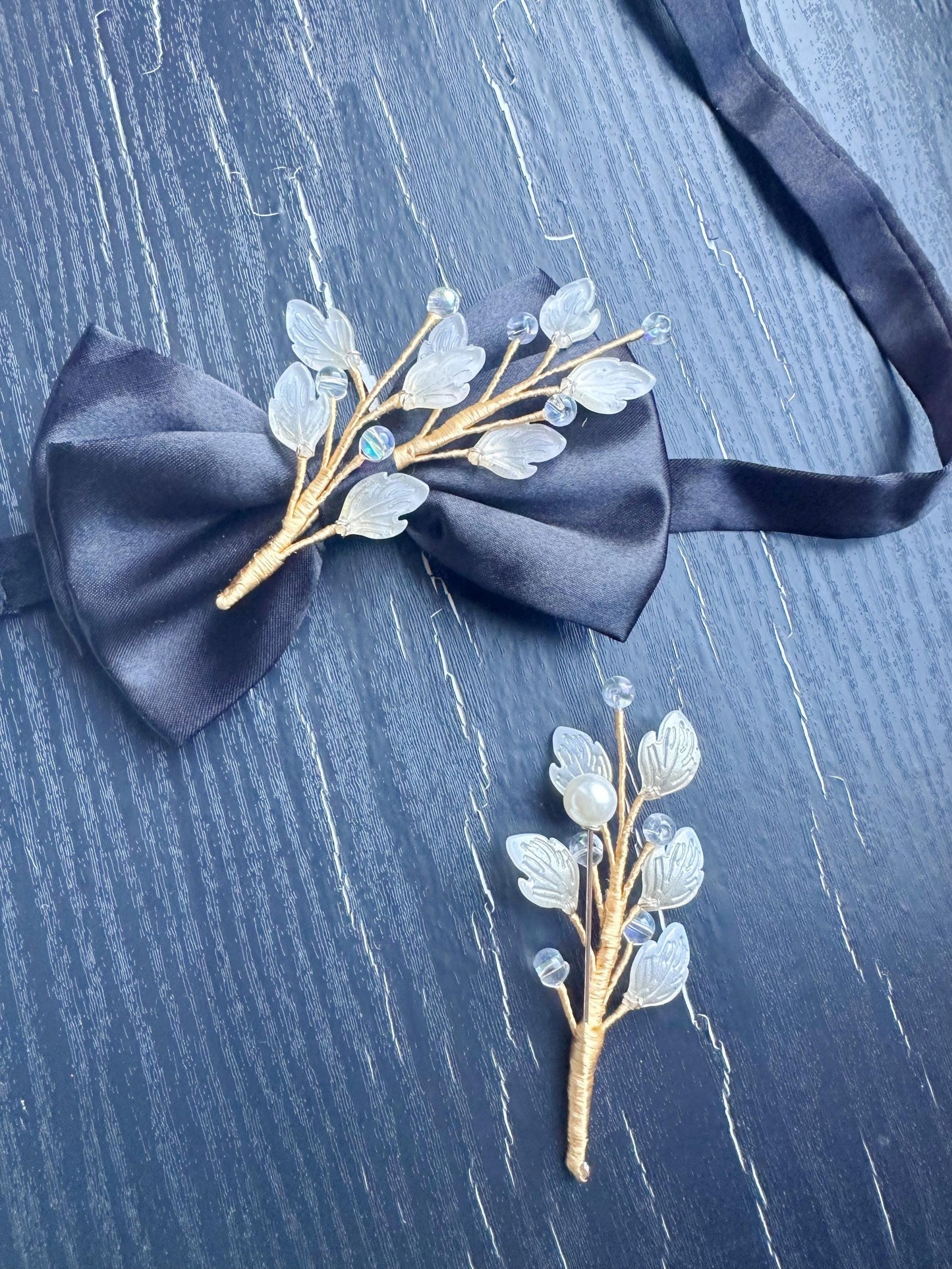 Handmade Bow Tie and brooch set for Women, Men,Boys – Black Satin Bow Tie flowers Blossom Branch – Asian Inspired Wedding Formal Accessory