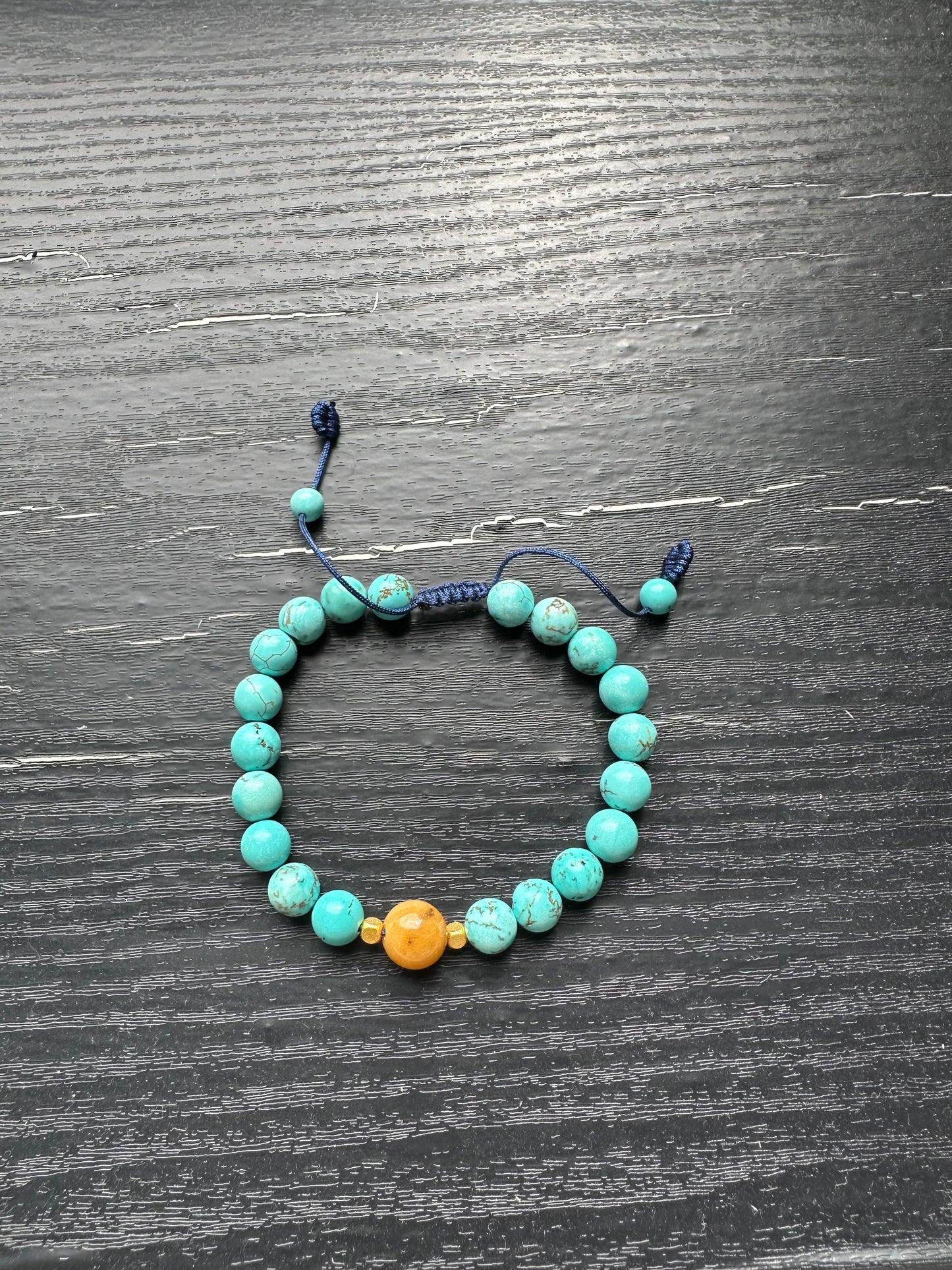 Bracelet For Men Natural Stone Beads 8mm Turquoise and one piece Yellow agate with 14k gold plated space in the middle with Stretch Bracelets Adjustable Bracelet for Men