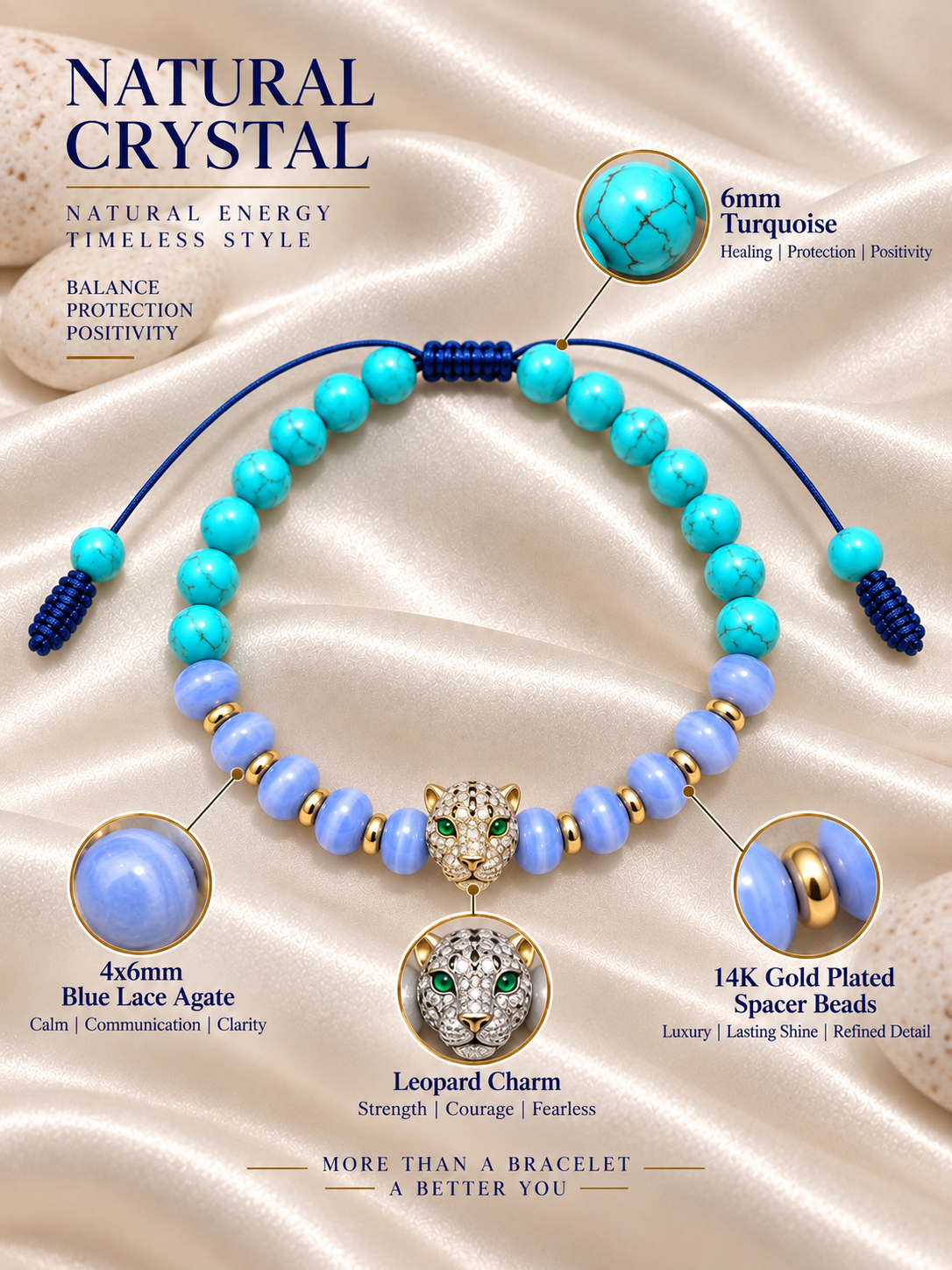 Handmade Bracelet for HIM OR HER. Made with turquoise, blue lace agate, 14K Gold Plated Spacer Beads. Leopard Charms Adjustable knotted Cord