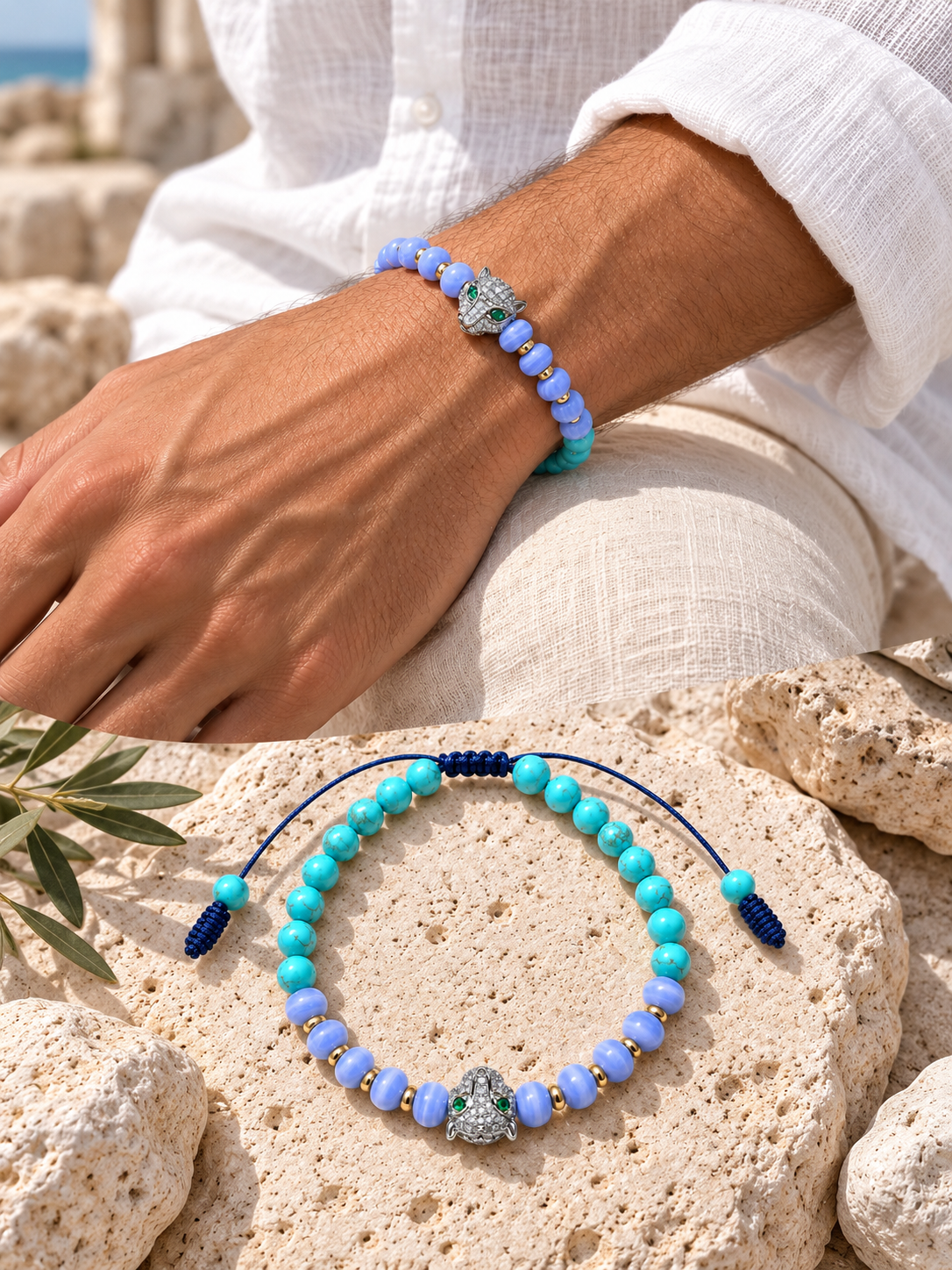Handmade Bracelet for HIM OR HER. Made with turquoise, blue lace agate, 14K Gold Plated Spacer Beads. Leopard Charms Adjustable knotted Cord