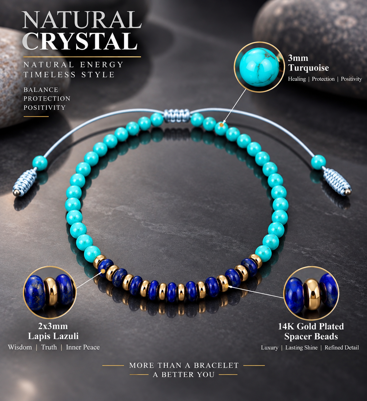 Handmade Bracelet for HIM OR HER. Made with 3mm turquoise. 14K Gold Plated Spacer Beads, 2x3mm lapis lazuli, Adjustable knotted Cord