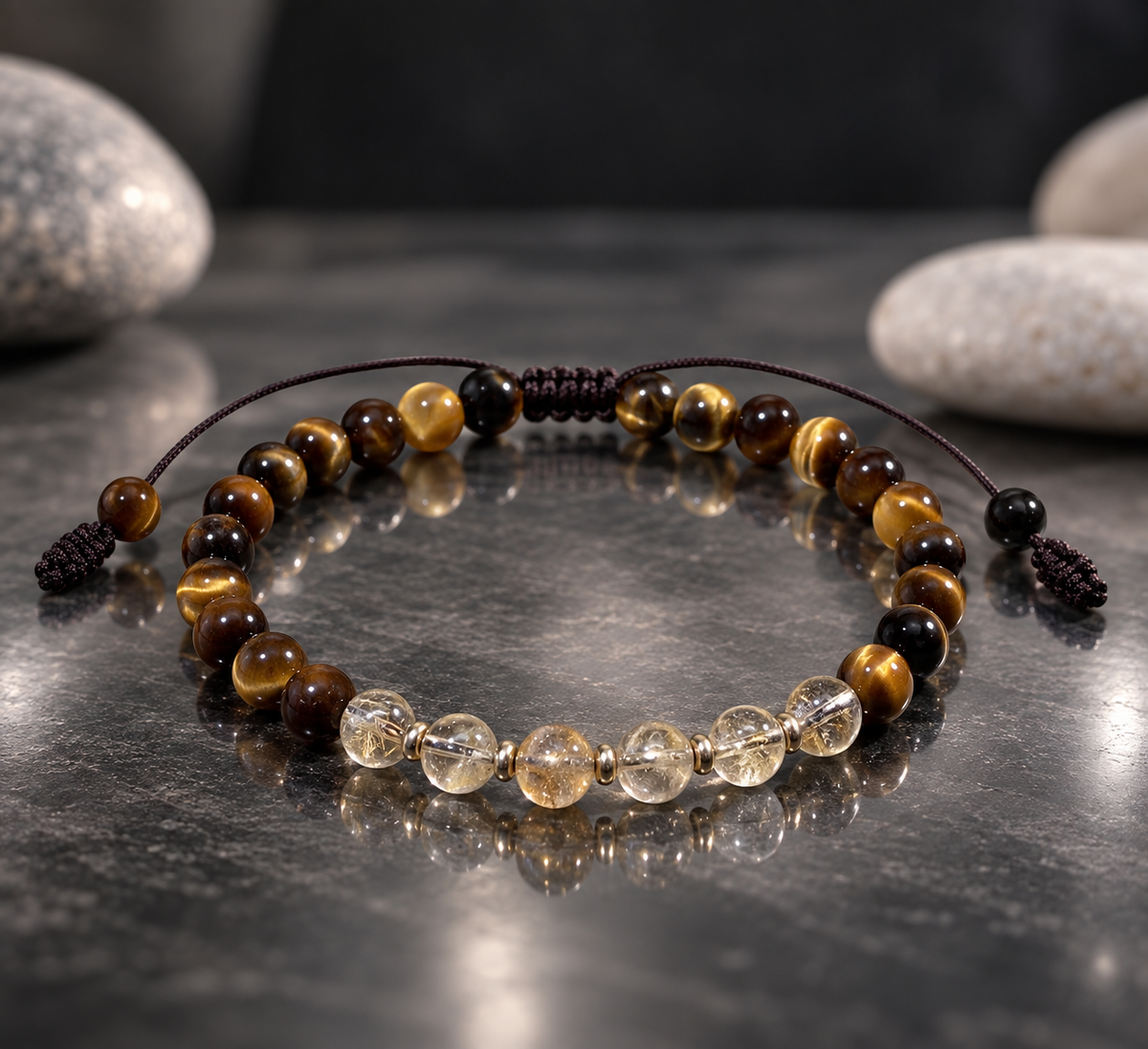 Handmade Bracelet for HIM OR HER. With  6mm yellow tiger’s eye, 6mm citrine crystal, 14K Gold Plated Spacer Beads, Adjustable knotted cord