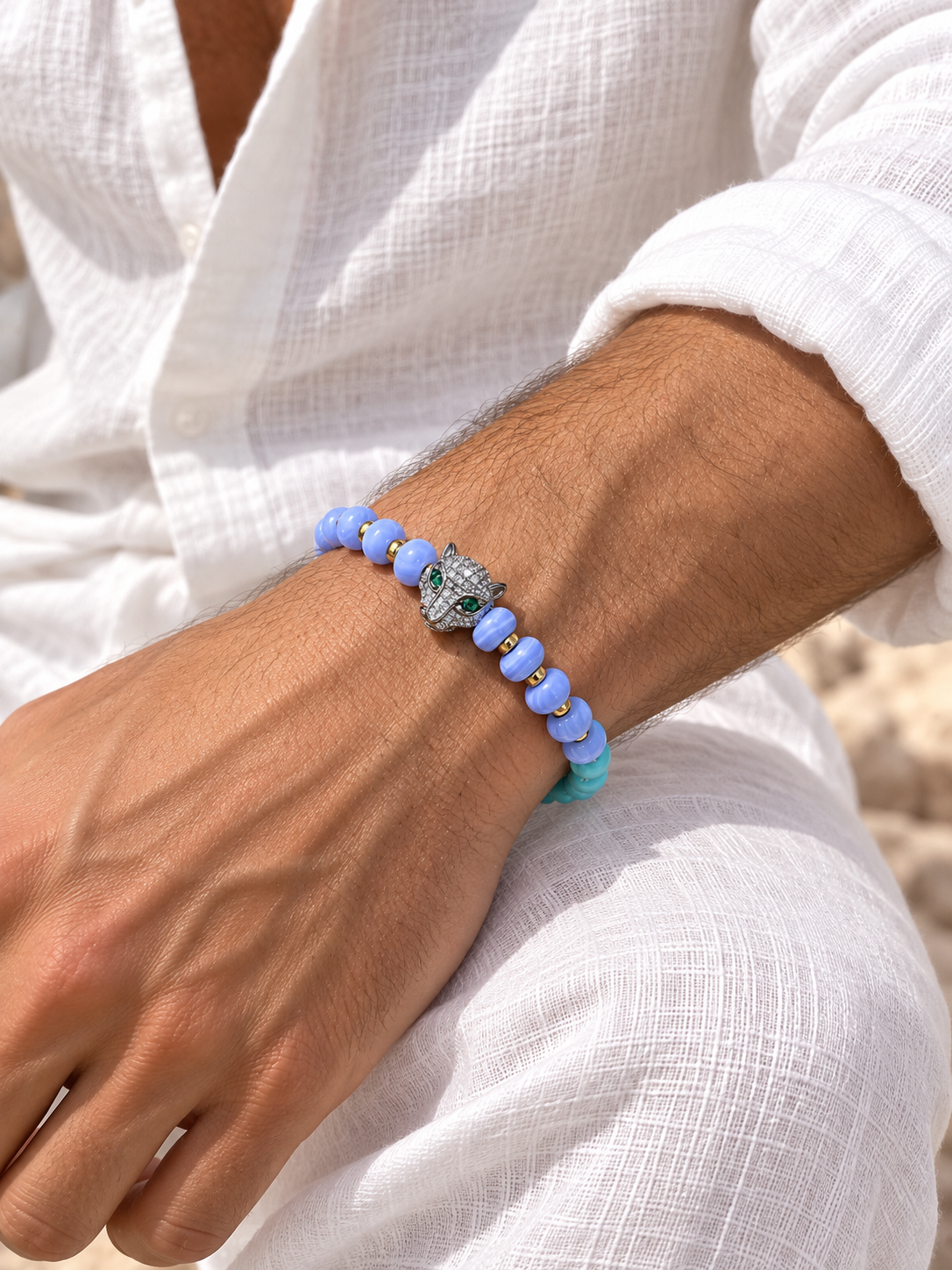 Handmade Bracelet for HIM OR HER. Made with turquoise, blue lace agate, 14K Gold Plated Spacer Beads. Leopard Charms Adjustable knotted Cord