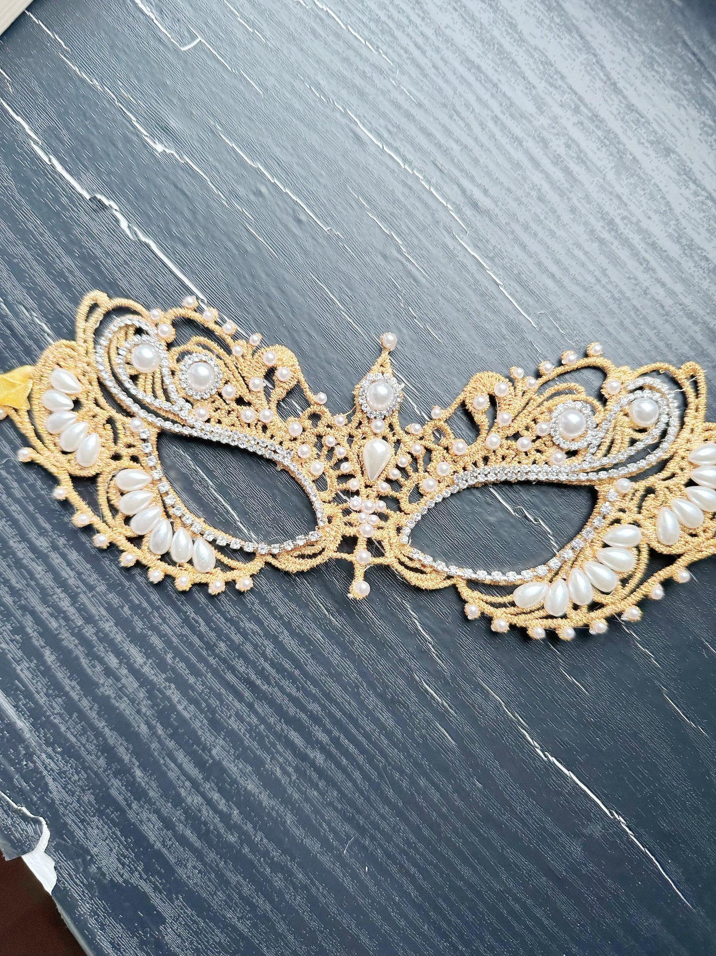 Gold color Lace Masquerade Mask, Embroidered Party Mask with white Resin beads and rhinestone, party mask