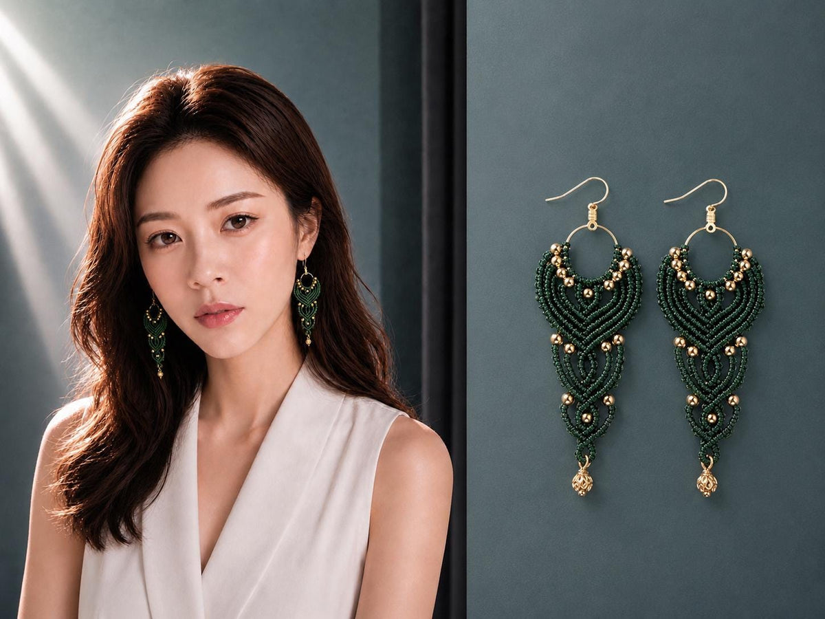Navy Macrame Dangle Earrings: Bohemian Tribal Jewelry