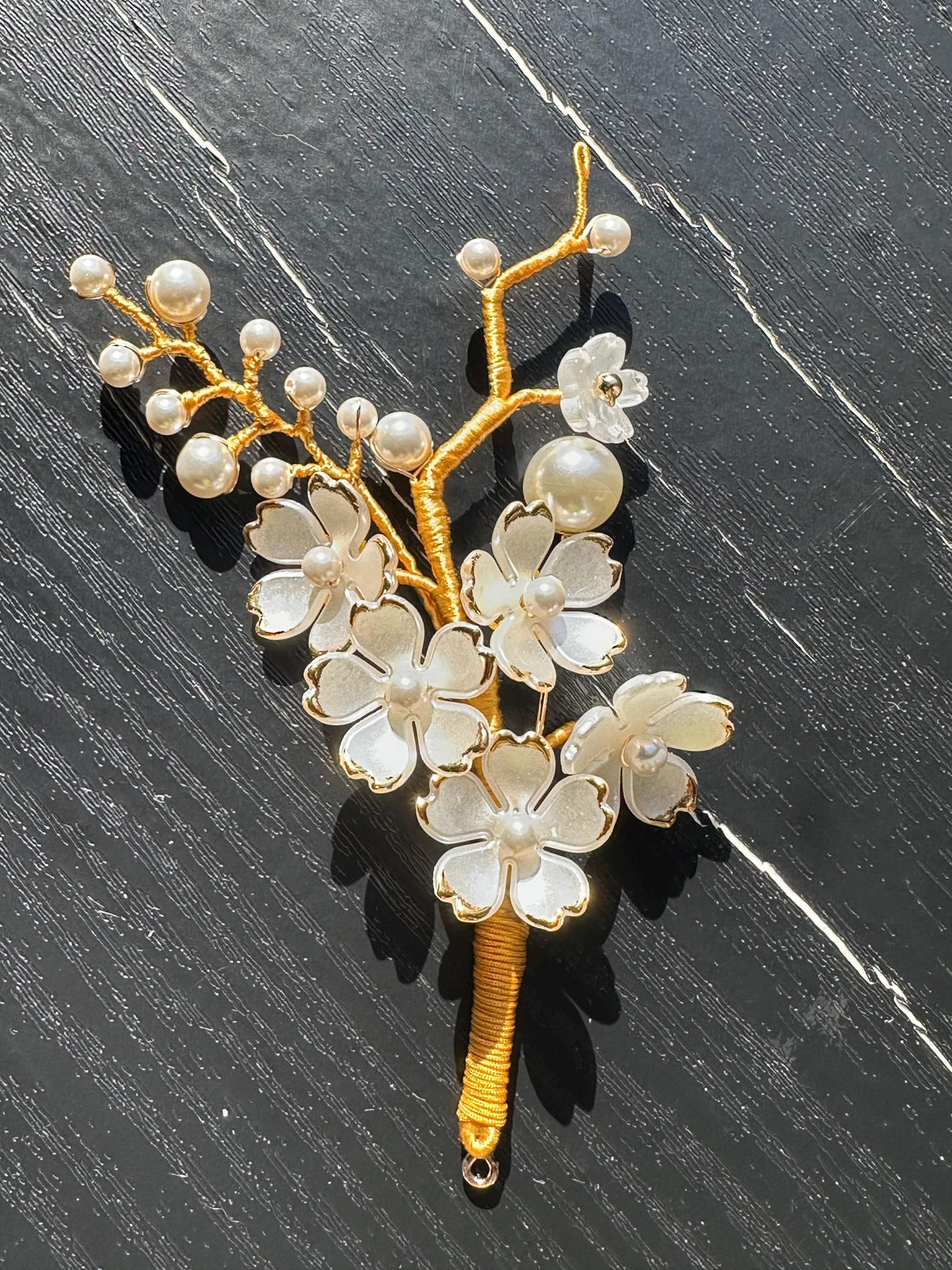 Handmade  brooch,  white color acrylic beads and Swarovski pearls with gold color silk thread