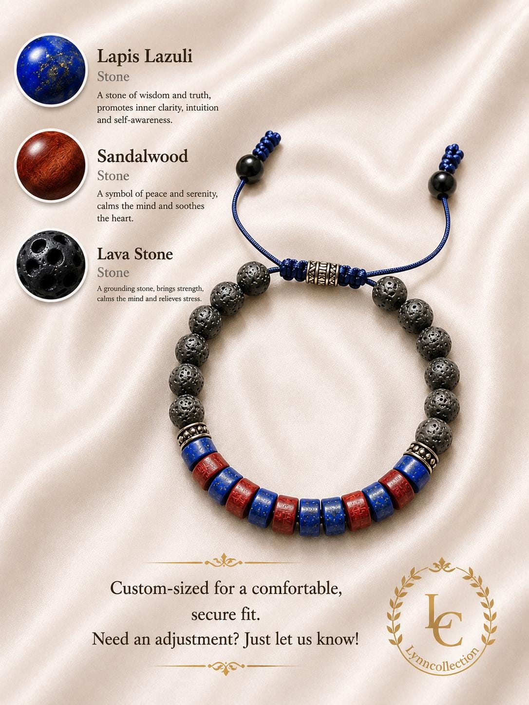 Beaded Bracelet for Him and Her – Lapis Lazuli, Sandalwood, Lava Stones,6mm beads, Adjustable