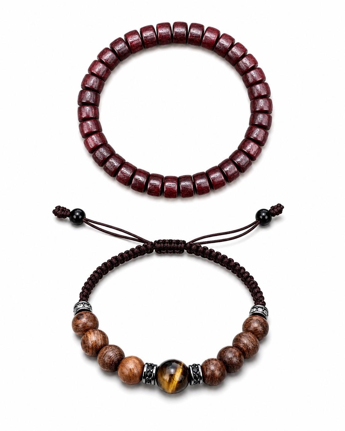 Bracelet for Him and Her, Yellow Tiger’s eye and sandalwood, Adjustable knot, two pieces bracelet