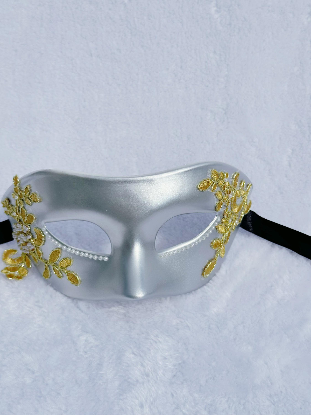 Gray Venetian Masquerade Mask: Gold Lace Mardi Gras Ball Mask