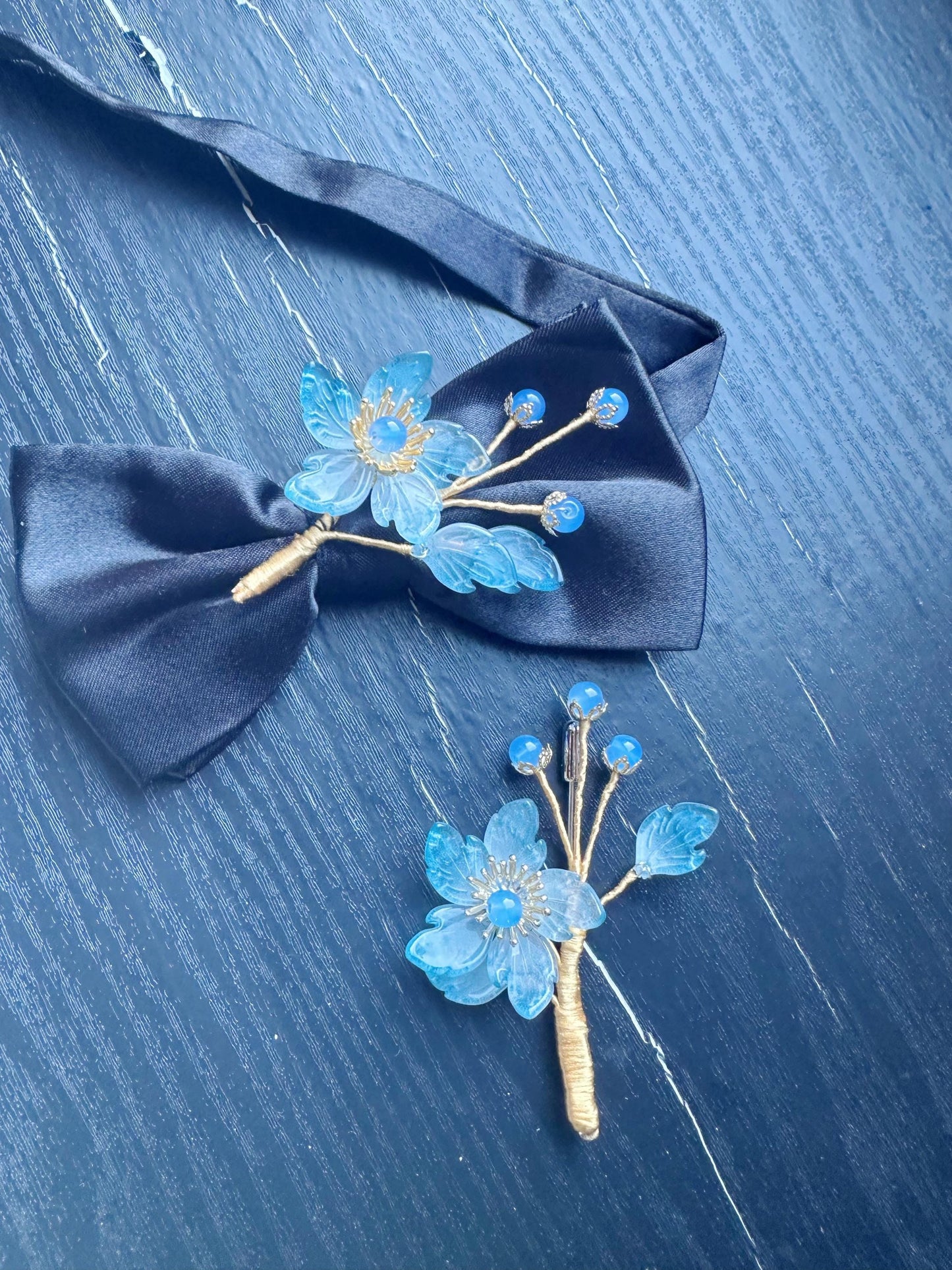 Bow Tie and brooch set for Women, Men,Boys – Black Satin Bow Tie blue color flowers Blossom Branch