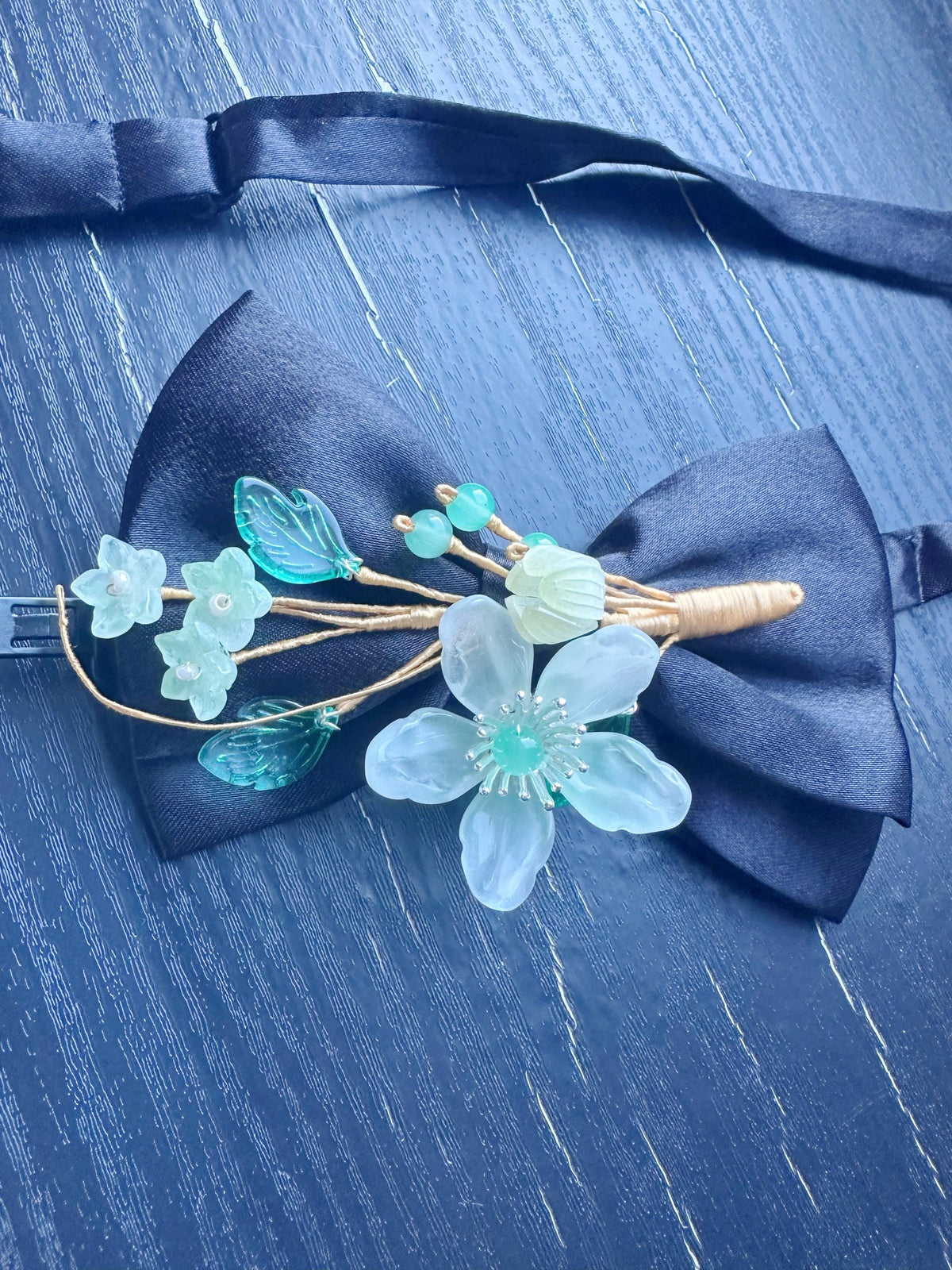 Handmade Bow Tie for women Men,Boys – Black Satin Bow Tie with light green flower Blossom Branch – Asian Inspired Wedding Formal Accessory