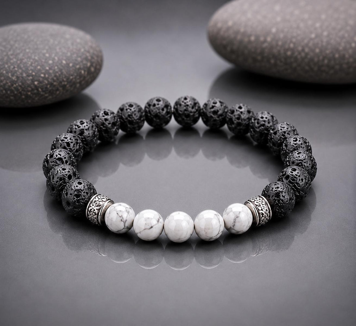 Bracelet for HIM OR HER. Black Lava Stone , Howlite beads, with Elastic Stretch Cord