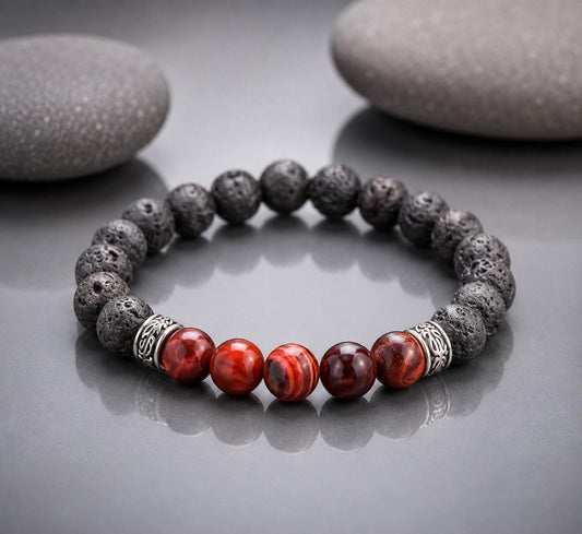 Lava Stone Beaded Bracelet with Red Tiger’s Eye ,Black Volcanic Stone Stretch Bracelet - Gemstone Bracelet for HIM AND HER.