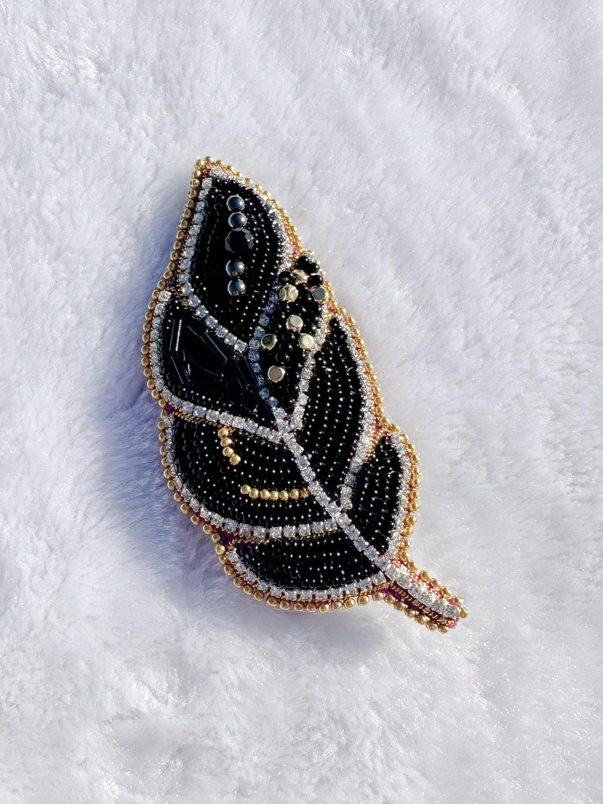 Beaded brooch, black color feather brooch, with seed beads and gemstones bead, size 4” x 2”