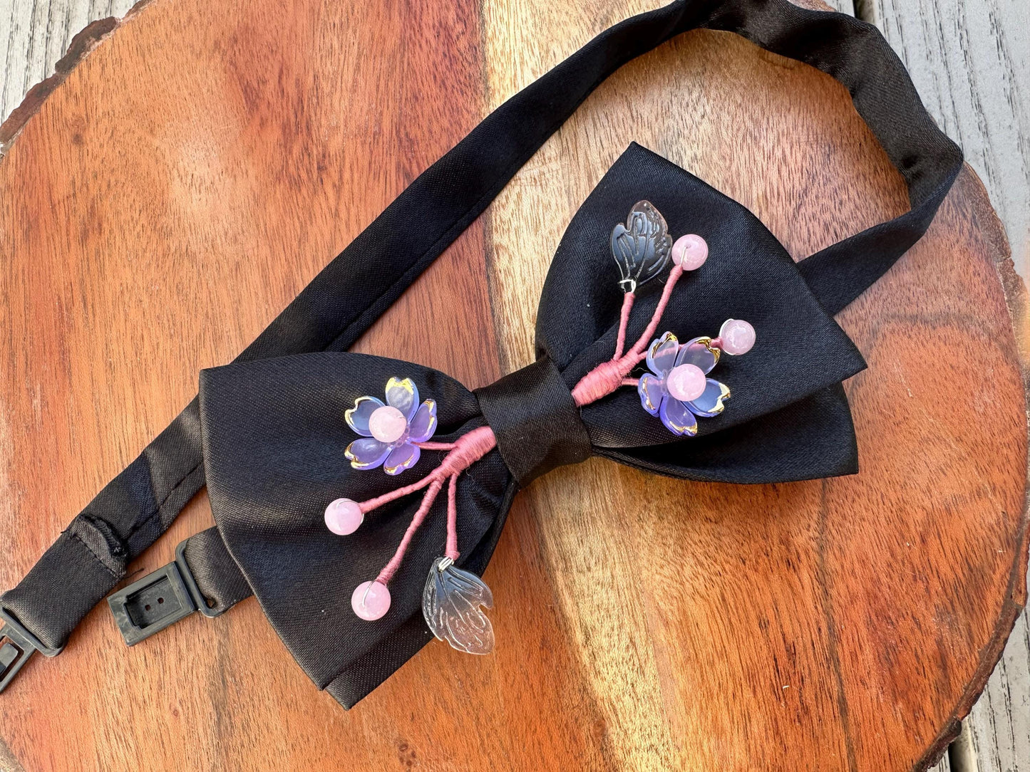 Handmade Bow Tie and brooch set for women Men,Boys – Black Satin Bow Tie flowers Blossom Branch – Asian Inspired Wedding Formal Accessory