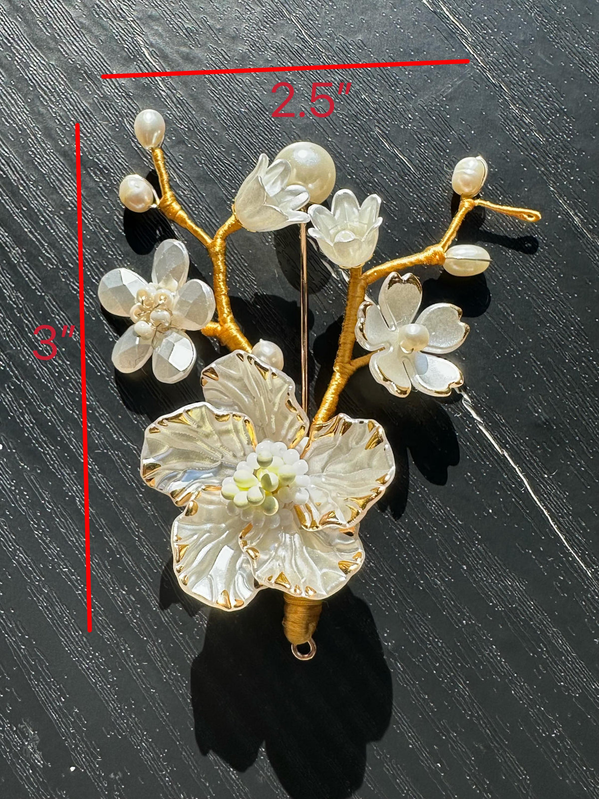 Handmade  brooch,  white color acrylic beads and freshwater pearls with gold color silk thread
