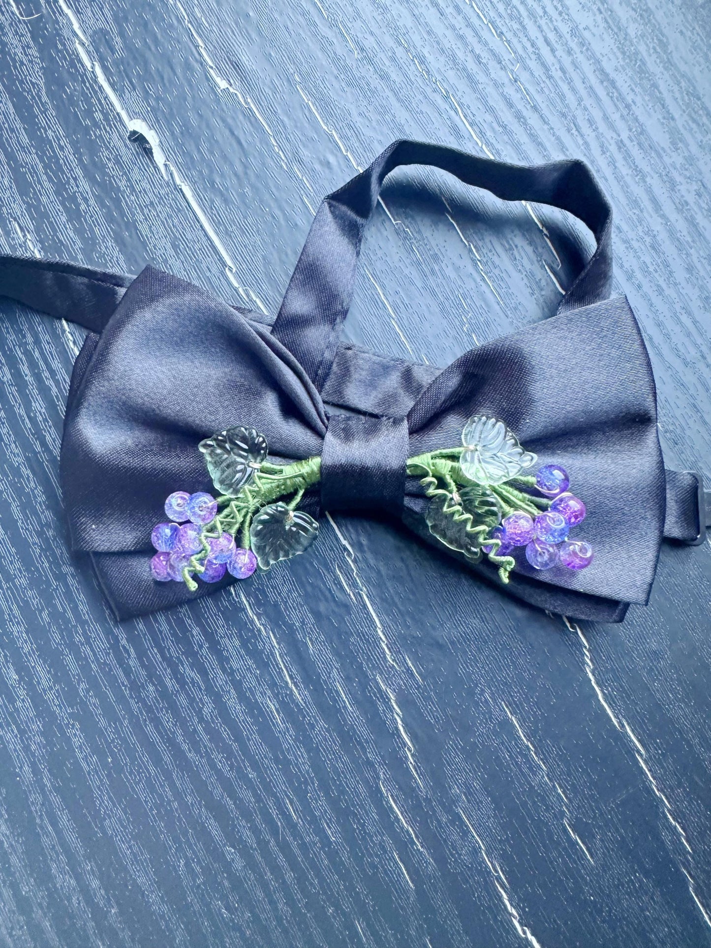 Handmade Bow Tie for women Men,Boys – Black Satin Bow Tie with Purple grape Branch – Asian Inspired Wedding Formal Accessory